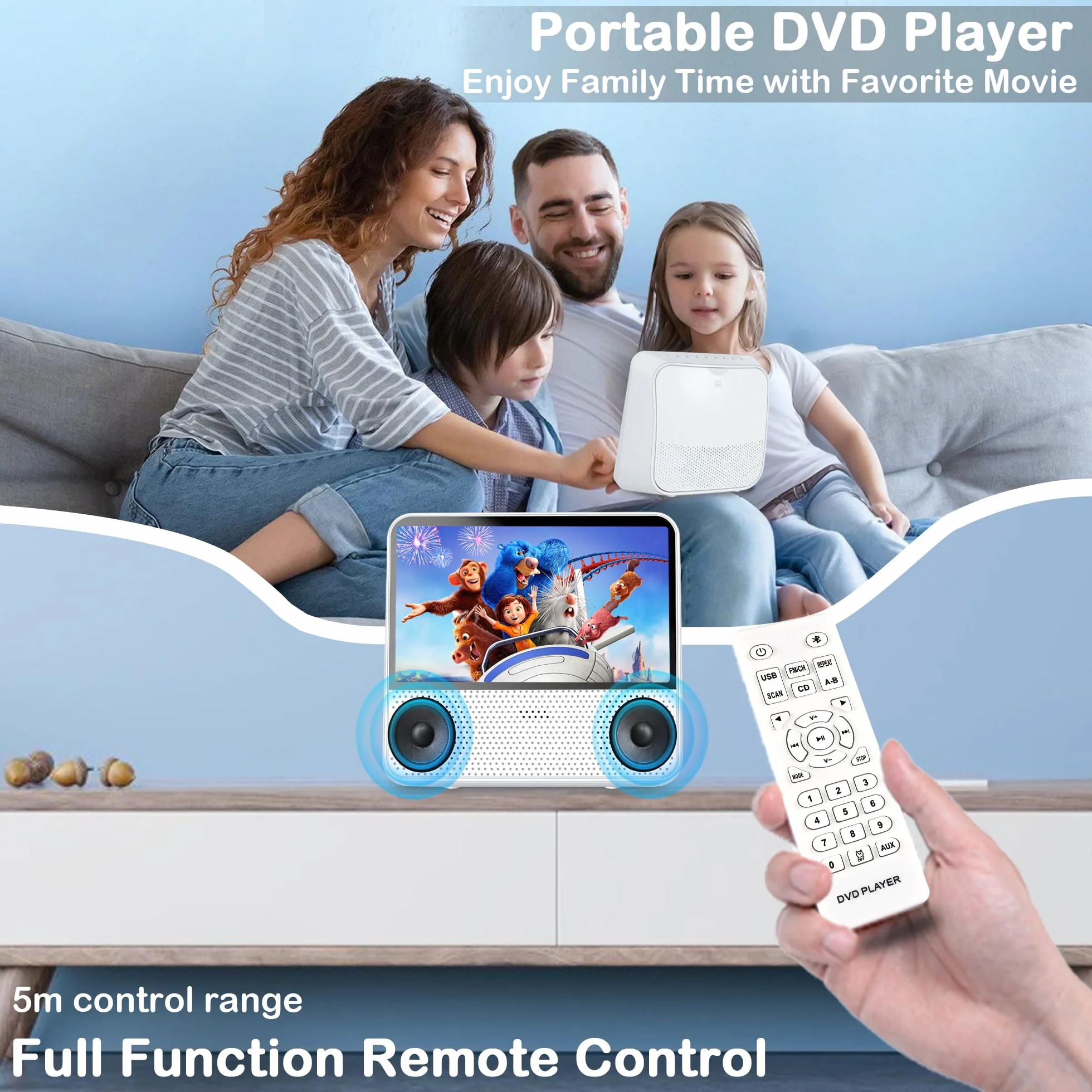 Reproductor DVD Portátil Bluetooth 4000mAh Recargable Región Libre para Coche con Altavoces Dobles Compatible CD USB
