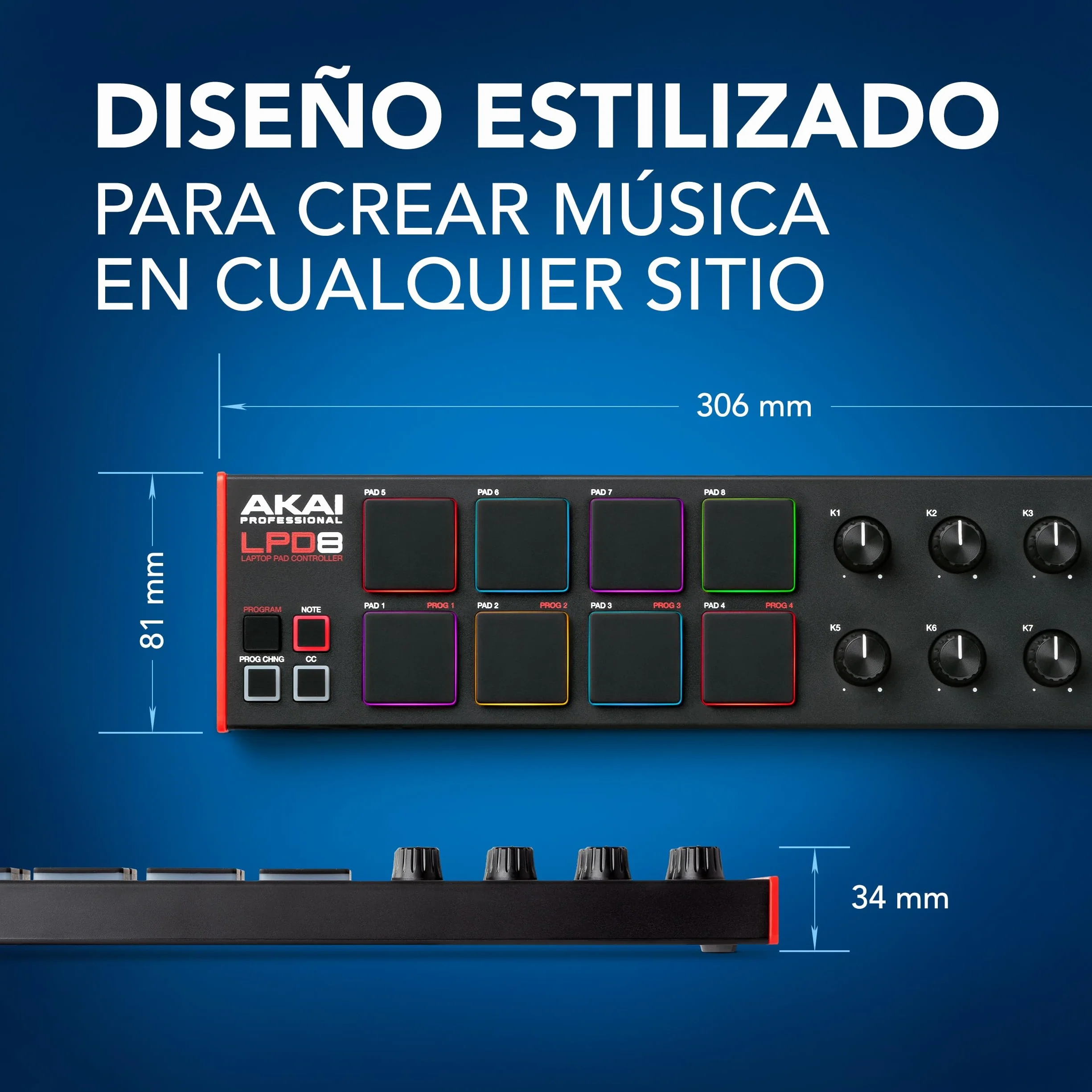 Akai Professional LPD8 - Controlador MIDI USB con 8 Drum Pads MPC Sensibles para Mac y PC, 8 Perillas Asignables y Software de Producción Musical