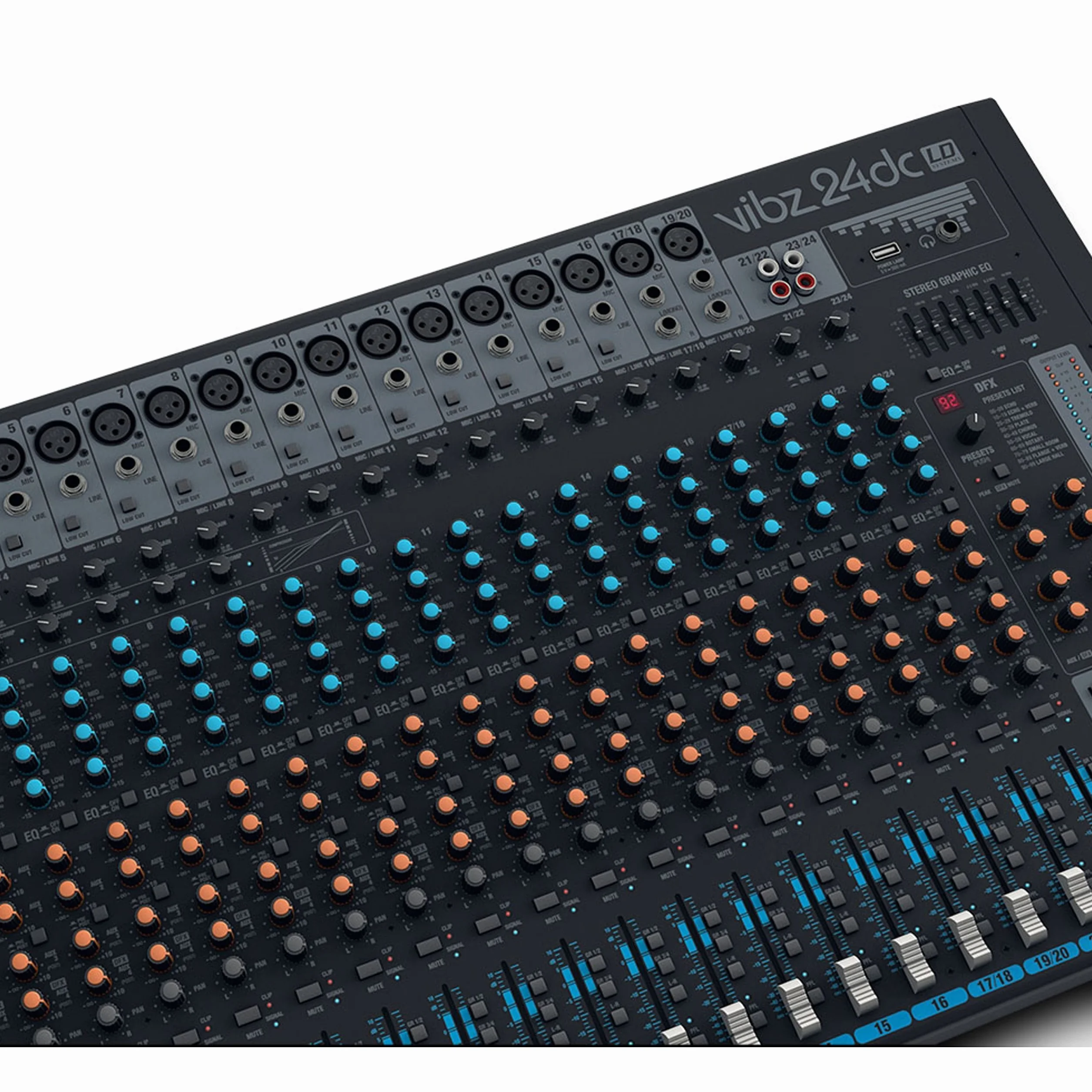 LD Systems VIBZ 24 DC - Mesa de mezclas de 24 canales con sección de efectos digitales y compresor