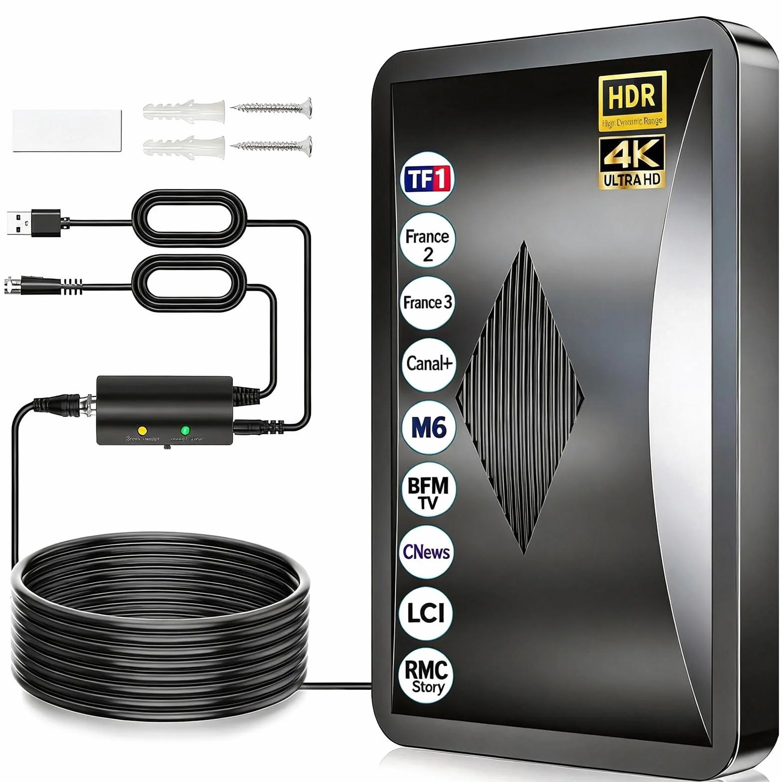Antena TV Interior 600KM+, Antena TDT Interior con Amplificador de Señal Ultra Potente, 360° Recepción Canales Locales HD, Compatible con Todos los TVs Soporte 8k 4k 1080p, Cable Coaxial de 10M