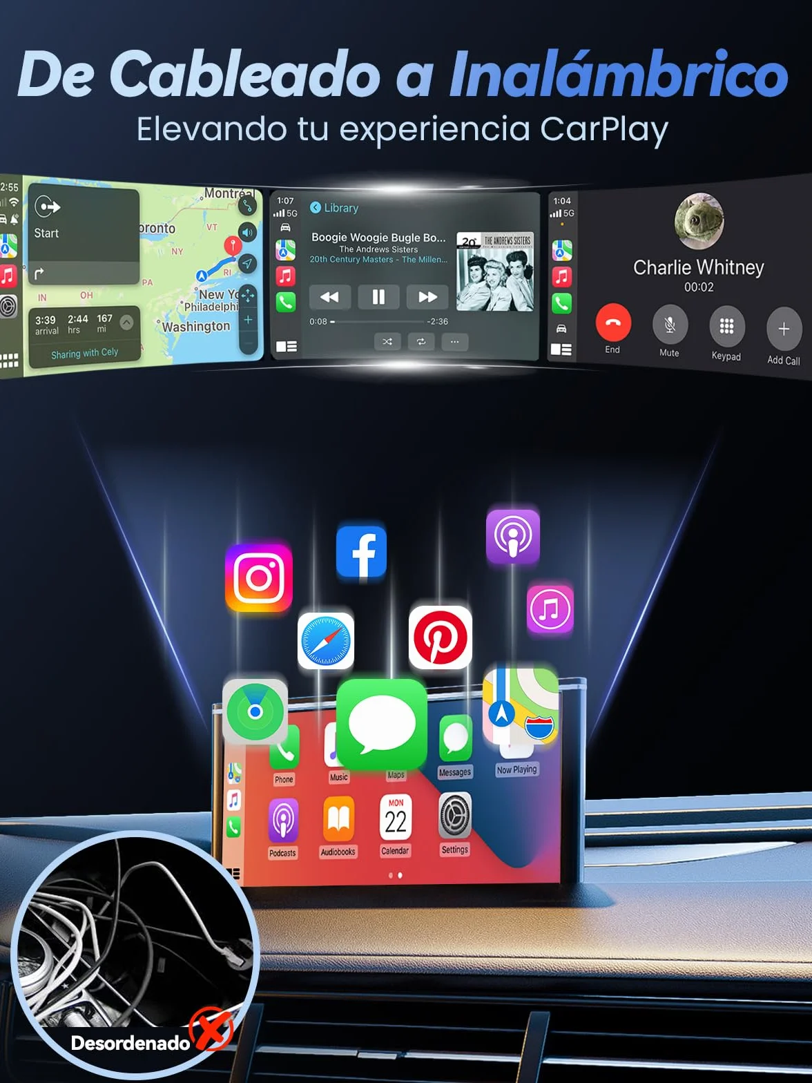 H3 Adaptador CarPlay Inalámbrico para iPhone - Convertidor de Cableado a Inalámbrico, Plug and Play USB-A/Type-C, Compatible con Coches Desde 2016 e iOS 10+