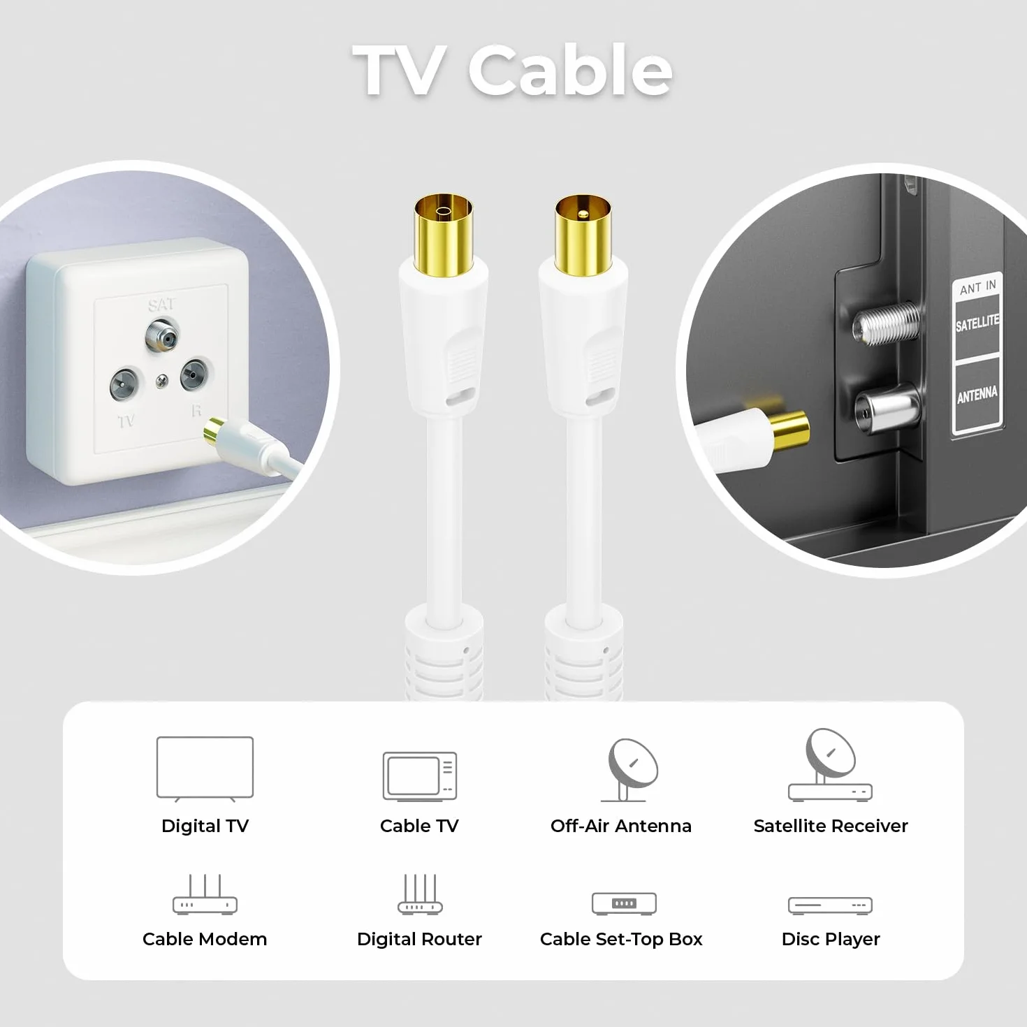 deleyCON 15m Cable Antena TV (Conector IEC a Acoplador IEC) Coaxial HDTV Cuádruple Blindaje 2x Núcleo Ferrita Filtro Corriente DVB-T DVB-T2 Radio DAB - Blanco