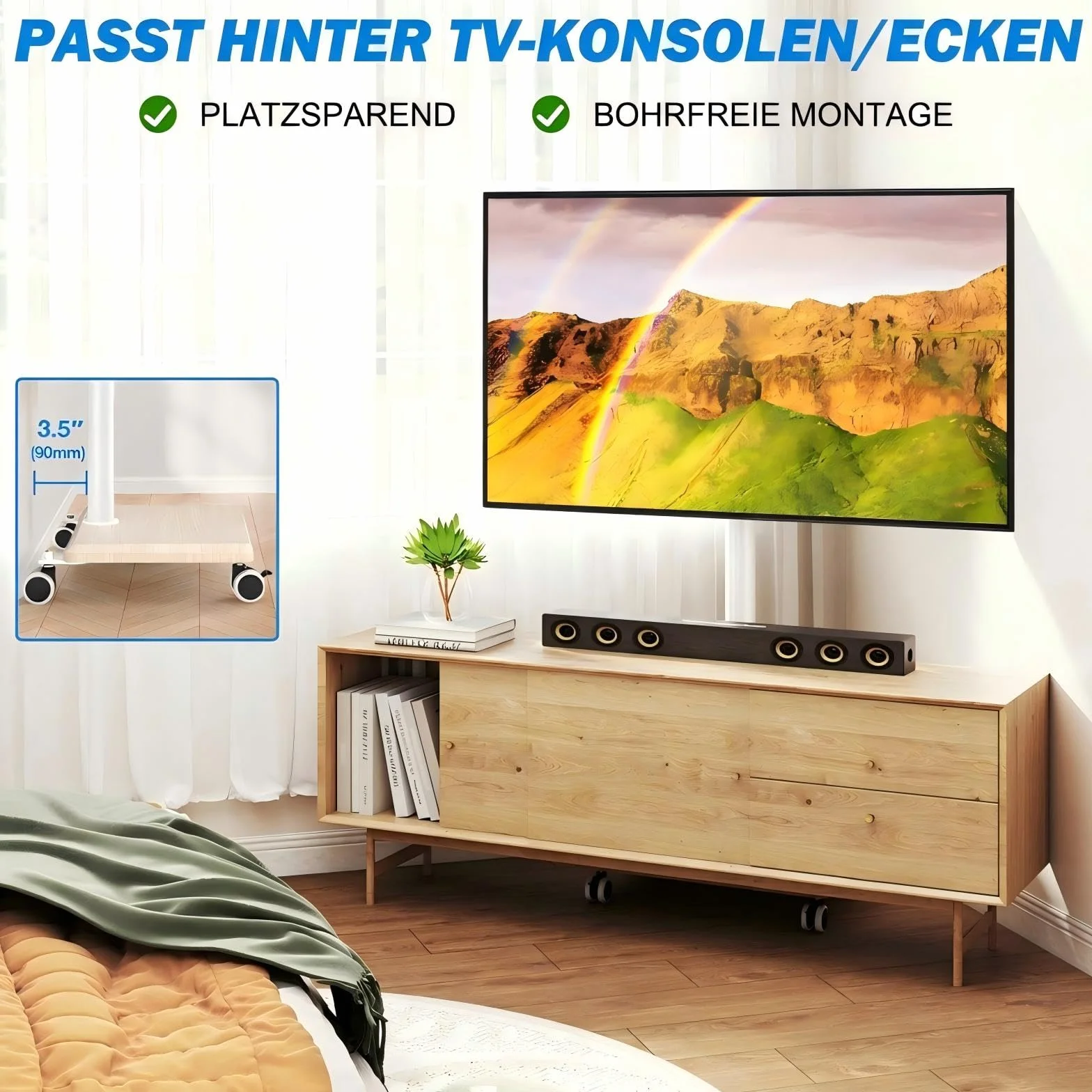Soporte de TV con Ruedas para Televisores de 27-65 Pulgadas, Ajuste de Altura y Giro, Base de Madera, VESA 400x400mm, 40kg, Beige