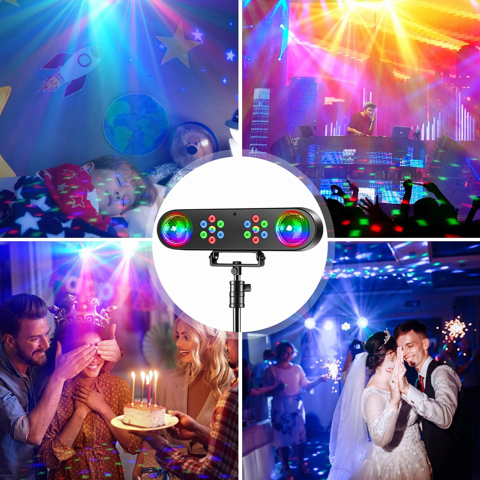Luz de discoteca 4 en 1 con soporte, bolas de discoteca, luces PAR y mando a distancia,Sistema de iluminación de escenario con sonido activado, para bar, mudanza, boda, Halloween, Navidad