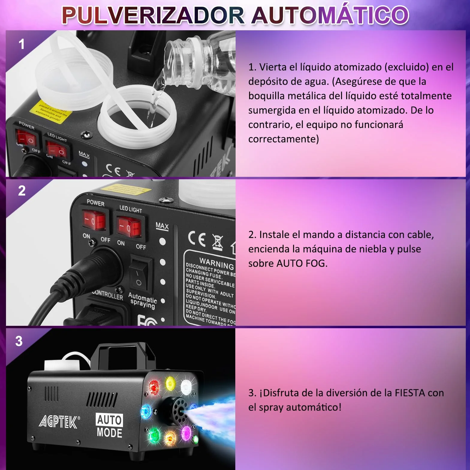 AGPTEK Máquina de humo con mando a distancia inalámbrico y 8 luces LED, estable y portátil, ideal para Halloween, Navidad, bodas, actuaciones en el escenario, etc.