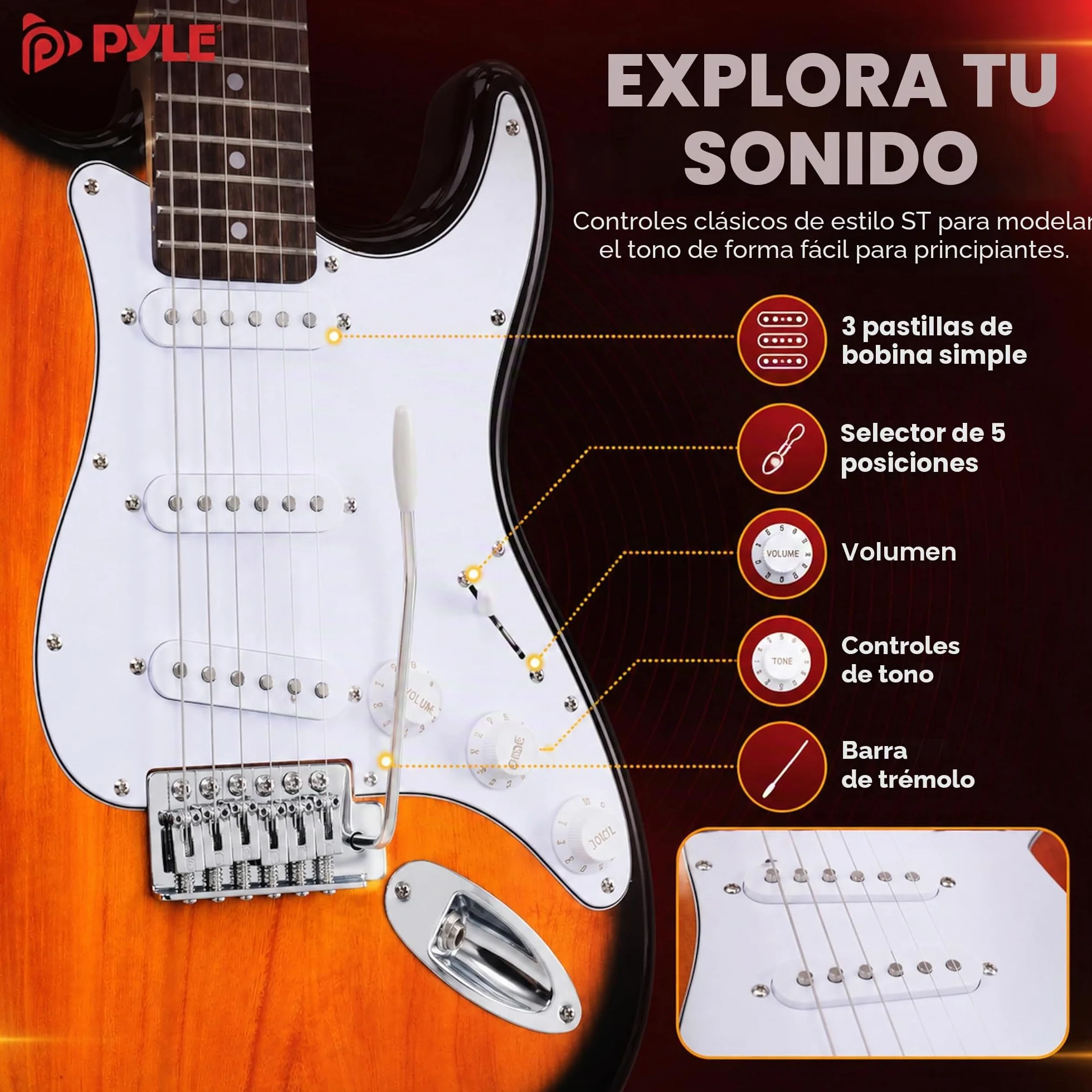 Pyle kit guitarra electrica con amplificador bluetooth portatil, Tamaño completo, Pastillas Humbucker estilo ST, Accesorios incluidos: esctuche, Correa, Cuerdas, Puas, Paño de Limpieza