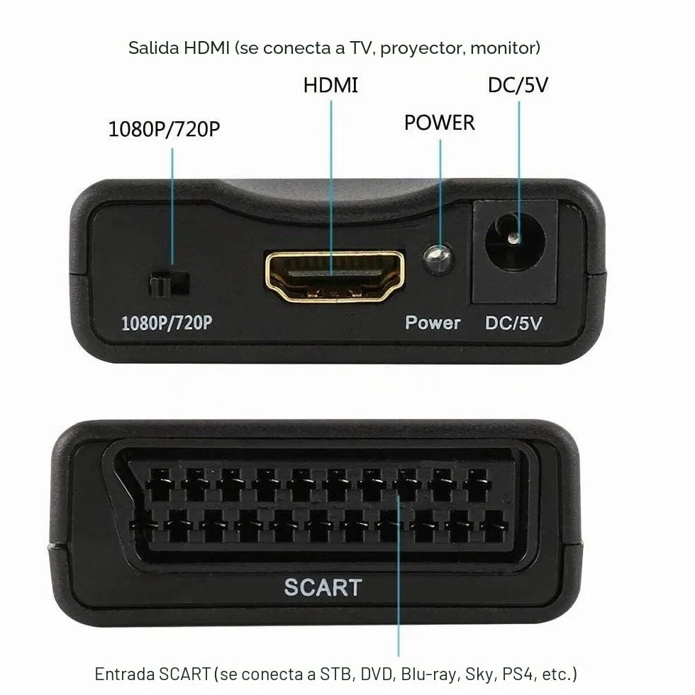 Adaptador Scart a Hdmi Convierte la entrada analógica en un adaptador de audio de vídeo 720p/1080p para HDTV Stb VHS Xbox Ps3 Sky DVD Crt Blu-ray..
