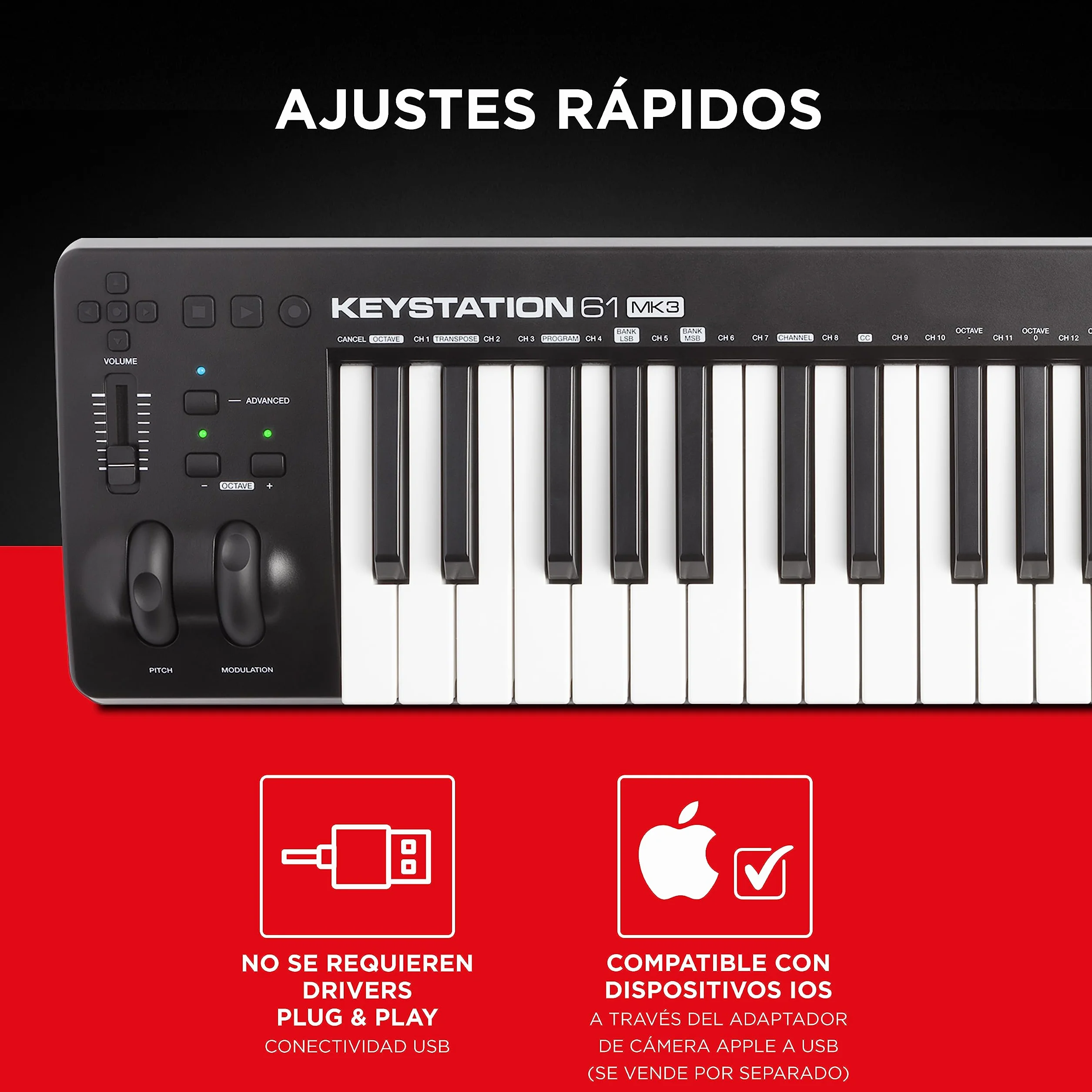 M-AUDIO Keystation 61MK3 Teclado Controlador MIDI Compacto de 61 Teclas con Controles Asignables, Ruedas de Cambio de Tono/Modulación, Conectividad Plug-and-Play (Mac/PC) y Software Incluida