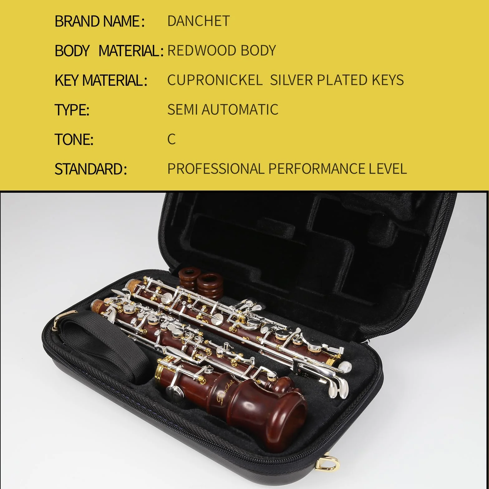 Oboe Professional – Clase de rendimiento con cuerpo de madera roja, mecanismo semiautomático dorado, tono C, incluye silbato, paño de limpieza, cepillo para oboe, papel en polvo, papel absorbente,