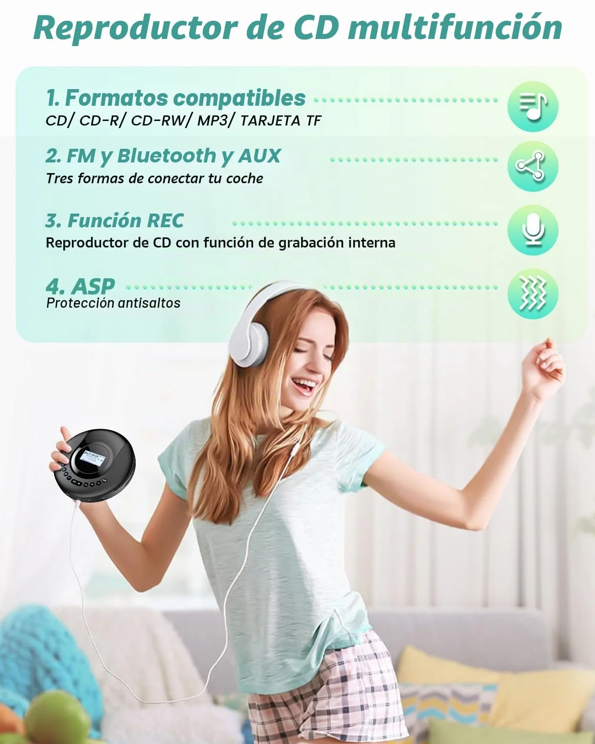 Reproductor de CD portátil con Bluetooth, Radio DAB+/FM, Discman, CD-R/RW, Batería 2000 mAh, Negro