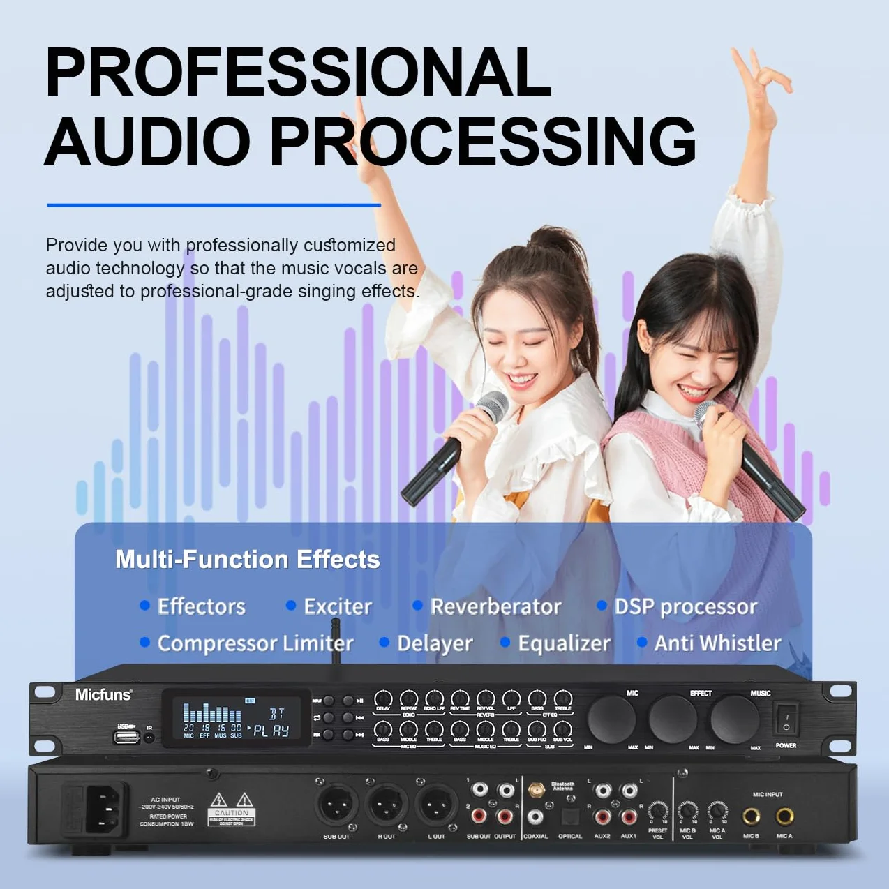 KT900 Digital Pre-etapa Efector Anti-aullido Procesador de Audio Echo USB MP3 Bluetooth Óptico