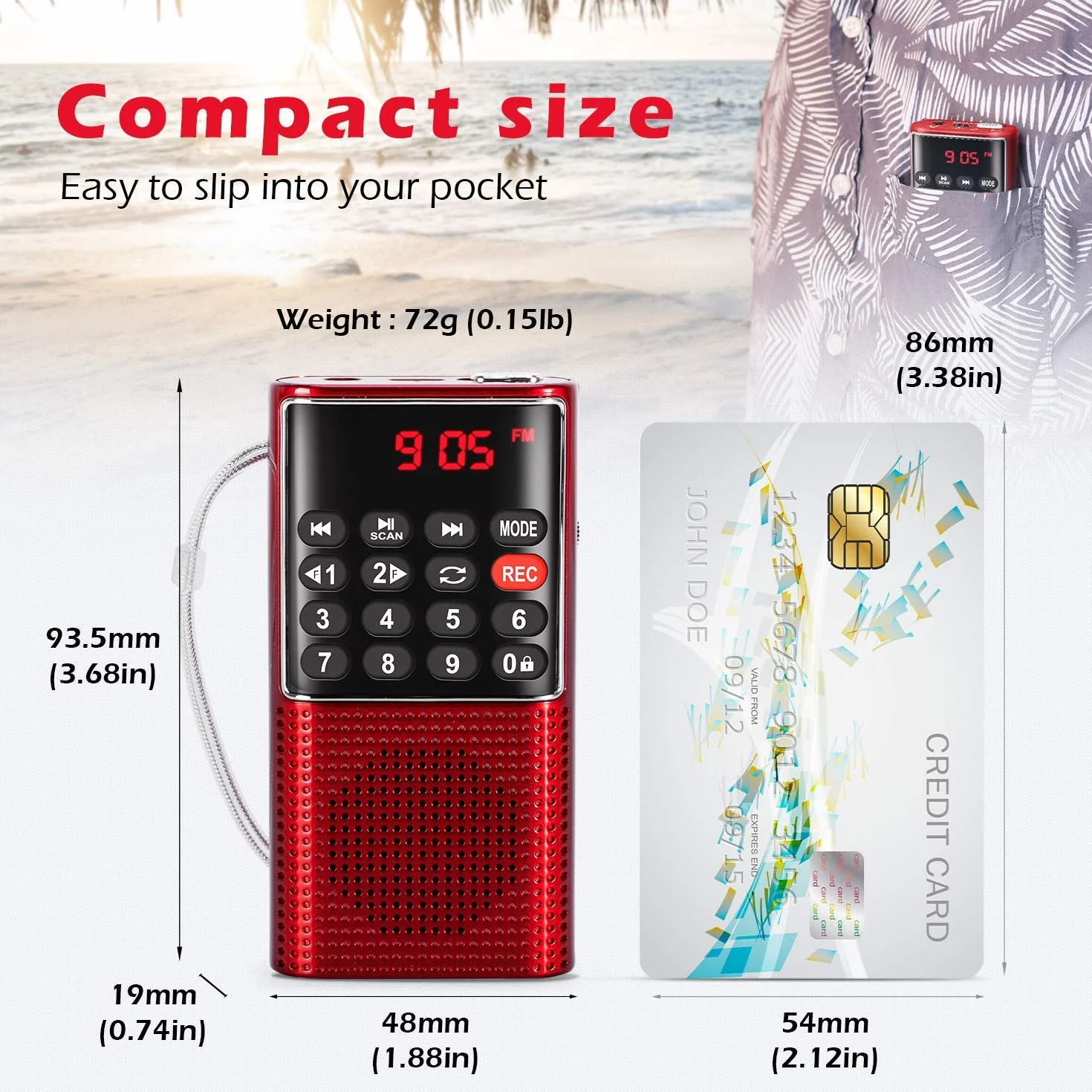 PRUNUS J-328 FM Radio Portátil Pequeña Recargable con Grabadora, Mini Radio de Bolsillo SD/TF/AUX, Reproductor de Música (Rojo)