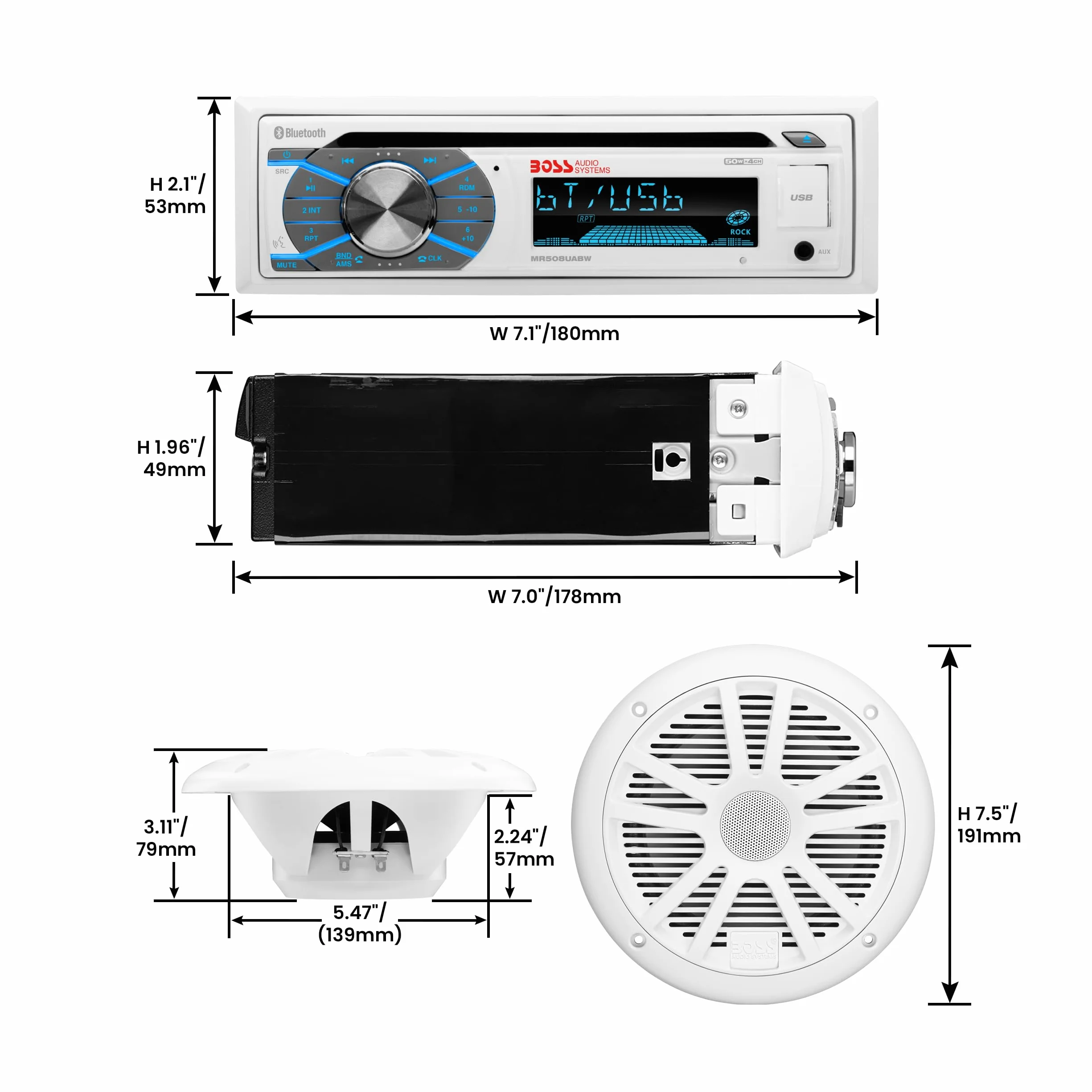 Boss Marine Kit MR508UAB Pair 6.5" MR6W Marine Speakers MRANT10