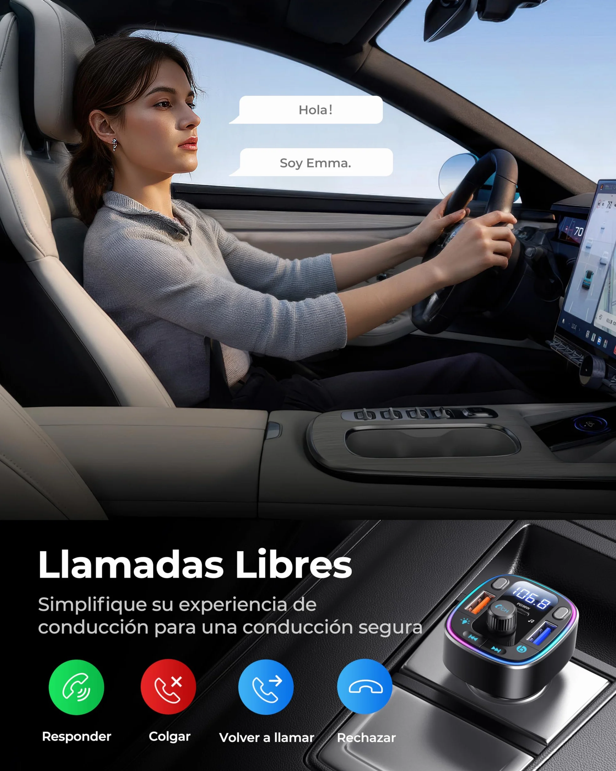 LENCENT Transmisor FM Bluetooth 5.4 Manos Libres Coche con Carga Rápida PD 36W QC3.0