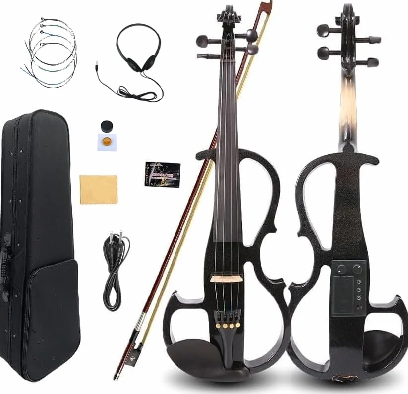 Yinfente Viola eléctrica silenciosa de 40,6 cm de madera maciza con 4 cuerdas con accesorios de ébano, funda rígida, lazo de madera de Brasil, cable AUX y paño de limpieza, color negro