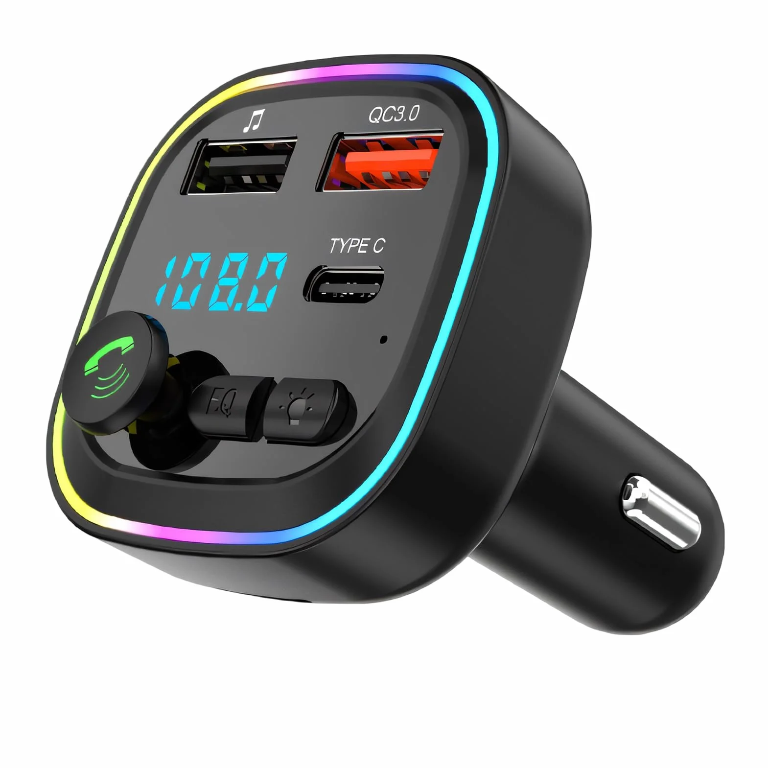Transmisor FM Bluetooth para Coche, Adaptador de Manos Libres con 2 USB 5V/3A, QC 3.0+Tipo C 20W PD, Llamadas Manos Libres, MP3 Estéreo Música Coche