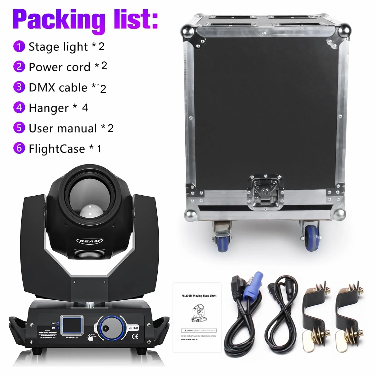 2PCS Cabeza Movil LED con Flight case 7R 230W Beam Moving Head RGBW 17 Gobos 14 Colores Iluminacion para Escenarios Bar Fiesta Club Discoteca