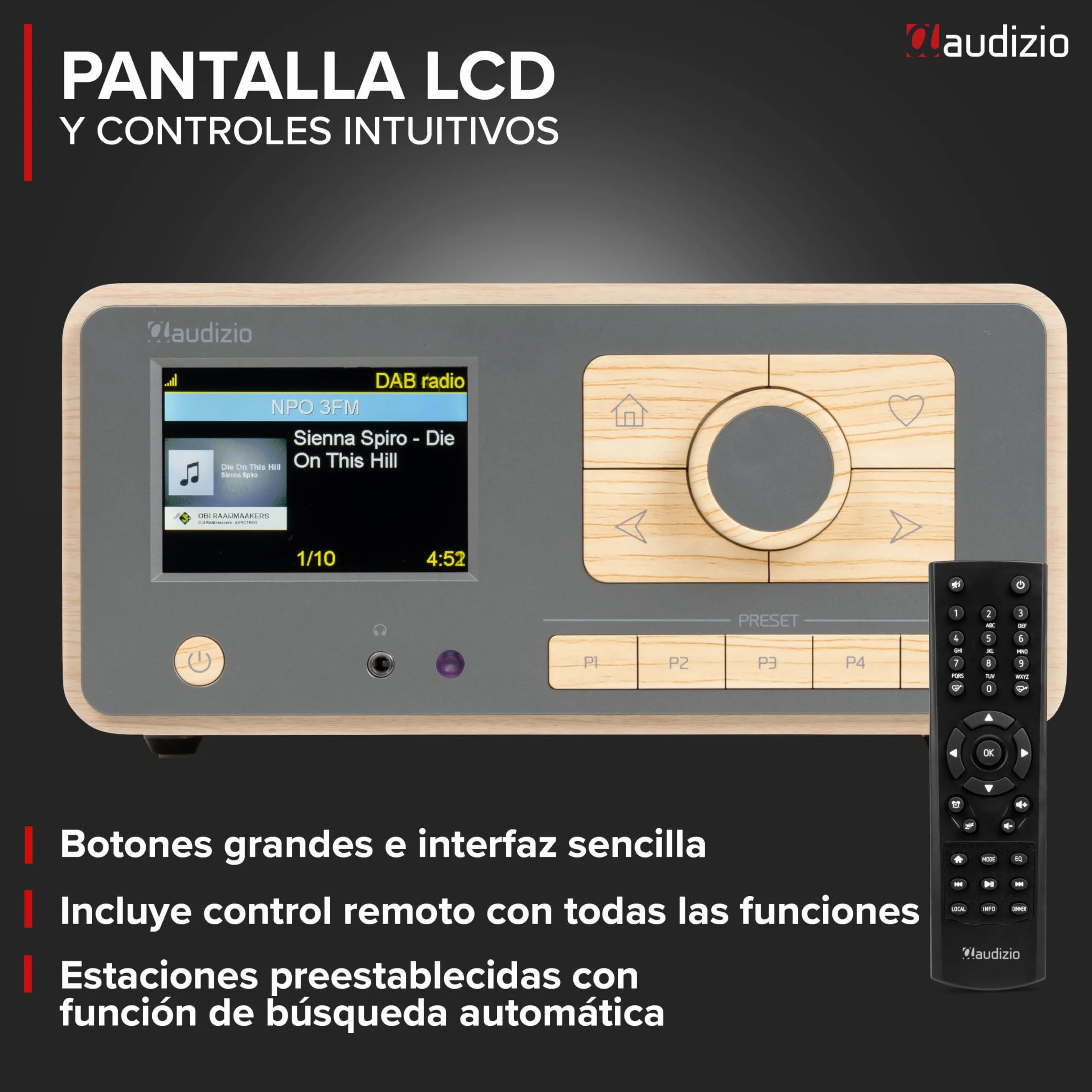 Audizio Dozza – Radio Dab+ FM Internet con Bluetooth 5.3, WiFi, 40W, Pantalla 3.5", Despertador, Mando a Distancia, Altavoz Radio Bluetooth con Gran Sonido para casa y Oficina, Color Bambu y Gris