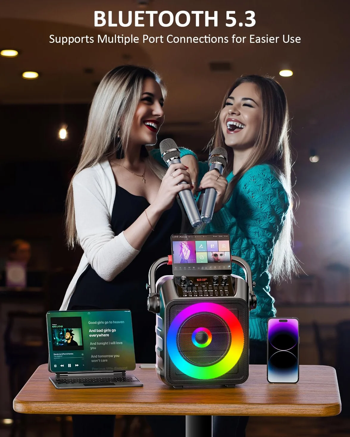 Máquina de Karaoke para adultoscon 2 micrófonos,Altavoz Profesional de Karaoke Bluetooth portátil con Luces LED,para Fiestas,Regalo,al Aire Libre,para TV,DJ.Sostener TF/USB/TWS/Mic/AUX