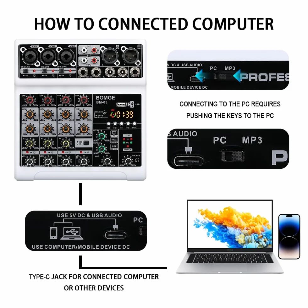 BOMGE Mezclador de audio, consola de mezcla de placa de sonido con 5 canales digitales USB Bluetooth Echo Delay Effect, mezcladores de DJ estéreo con 48V Phantom Power para grabación, transmisión en