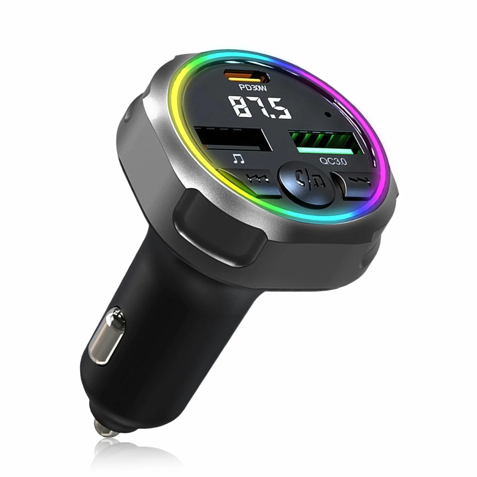 Transmisor Radio FM Bluetooth 5.3 Coche, USB C PD 30W + QC3.0 48W Cargador Coche Rápido, Receptor Parrot Manos Libres,Adaptador de Audio MP3, para Teléfono Móvil/Unidades Flash USB,Conectar y Usar