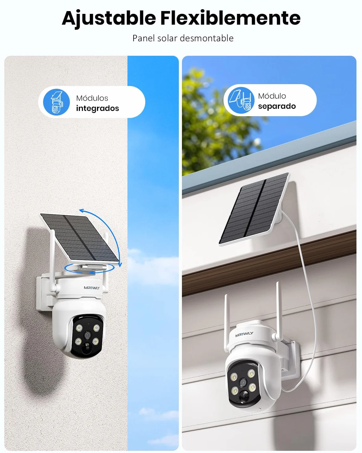 Camara Vigilancia WiFi Exterior Solar 2 en 1, 4MP/2.5K Camara sin Cables, 360° Cobertura, Fácil Instalación, 2.4/5 GHz WiFi, Visión Nocturna en Color, PIR, SD/Nube