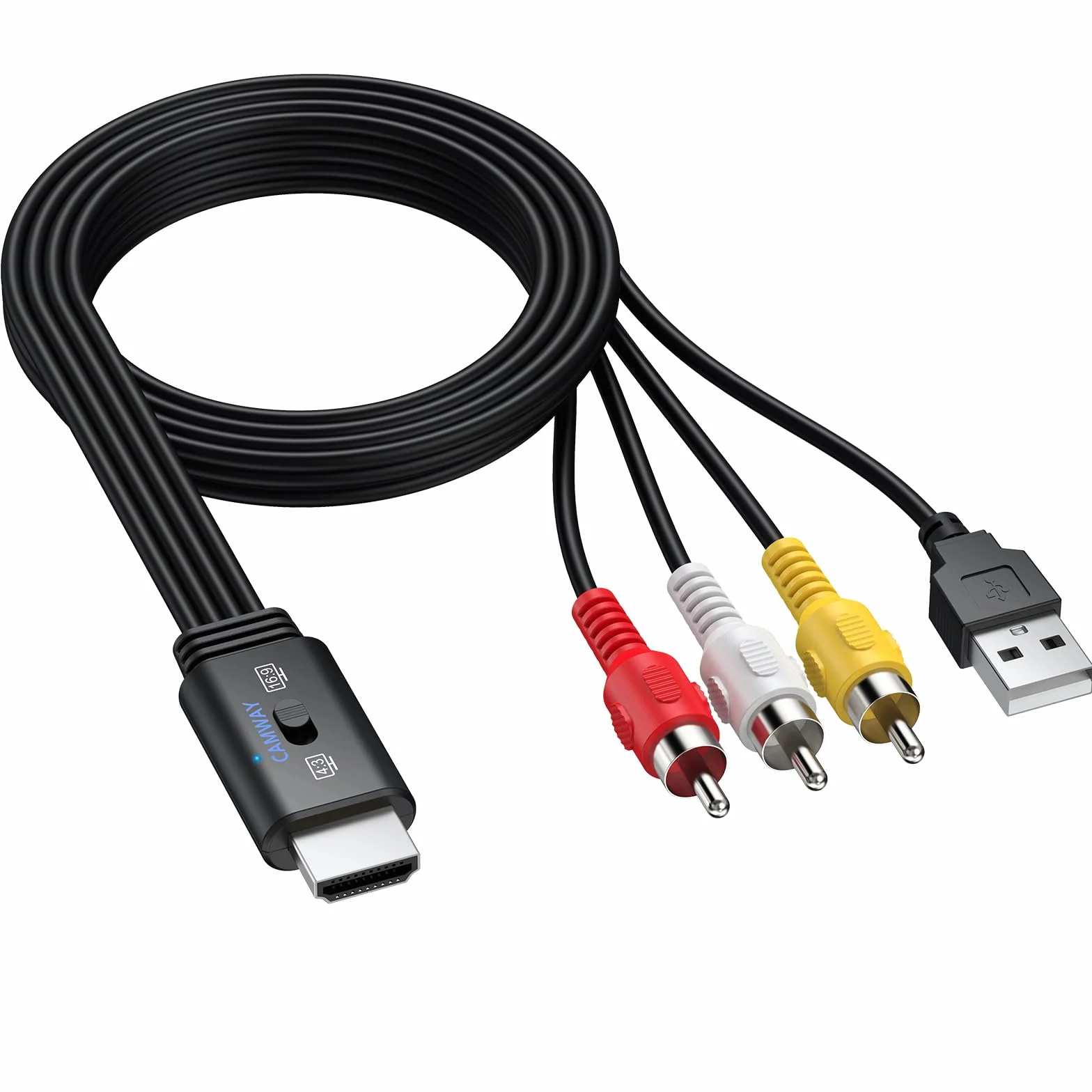 CAMWAY Adaptador RCA a HDMI con Switch 16:9/4:3, 1080P Convertidor AV a HDMI CVBS Compuesto con 150CM Cable RCA Macho Integrado, Diseño de Cable Todo en Uno, Compatible con PAL NTSC para DVD VCR VHS