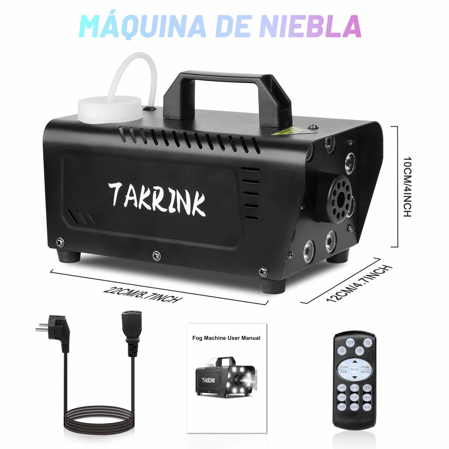 TAKRINK Máquina de Humo 900W con 8 Luces LED RGB de 16 Colores Control Remoto Inalámbrico y Niebla Automática Fog Machine Portátil para Fiestas Bodas Discotecas DJ y Eventos Especiales