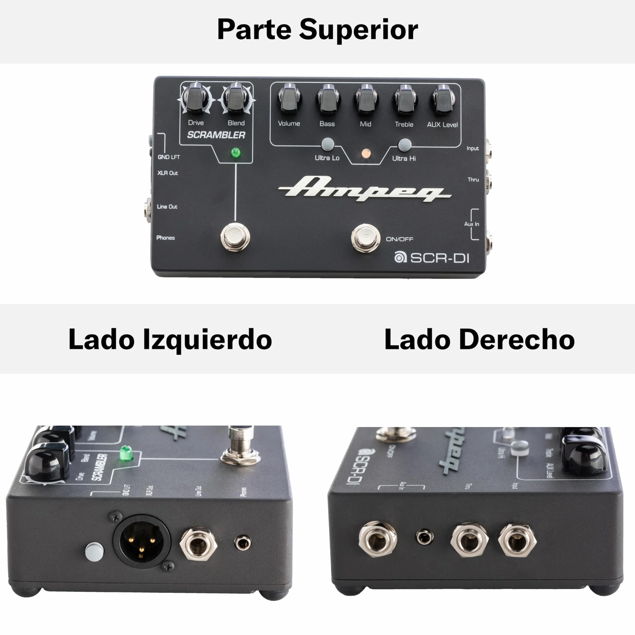 AMPEG SCR-DI Preamplificador de Bajo – Pedal de previo combinado circuito con Scrambler Overdrive, filtros Ultra-Hi/Ultra-Lo, salida XLR balanceada y chasis metálico – Negro