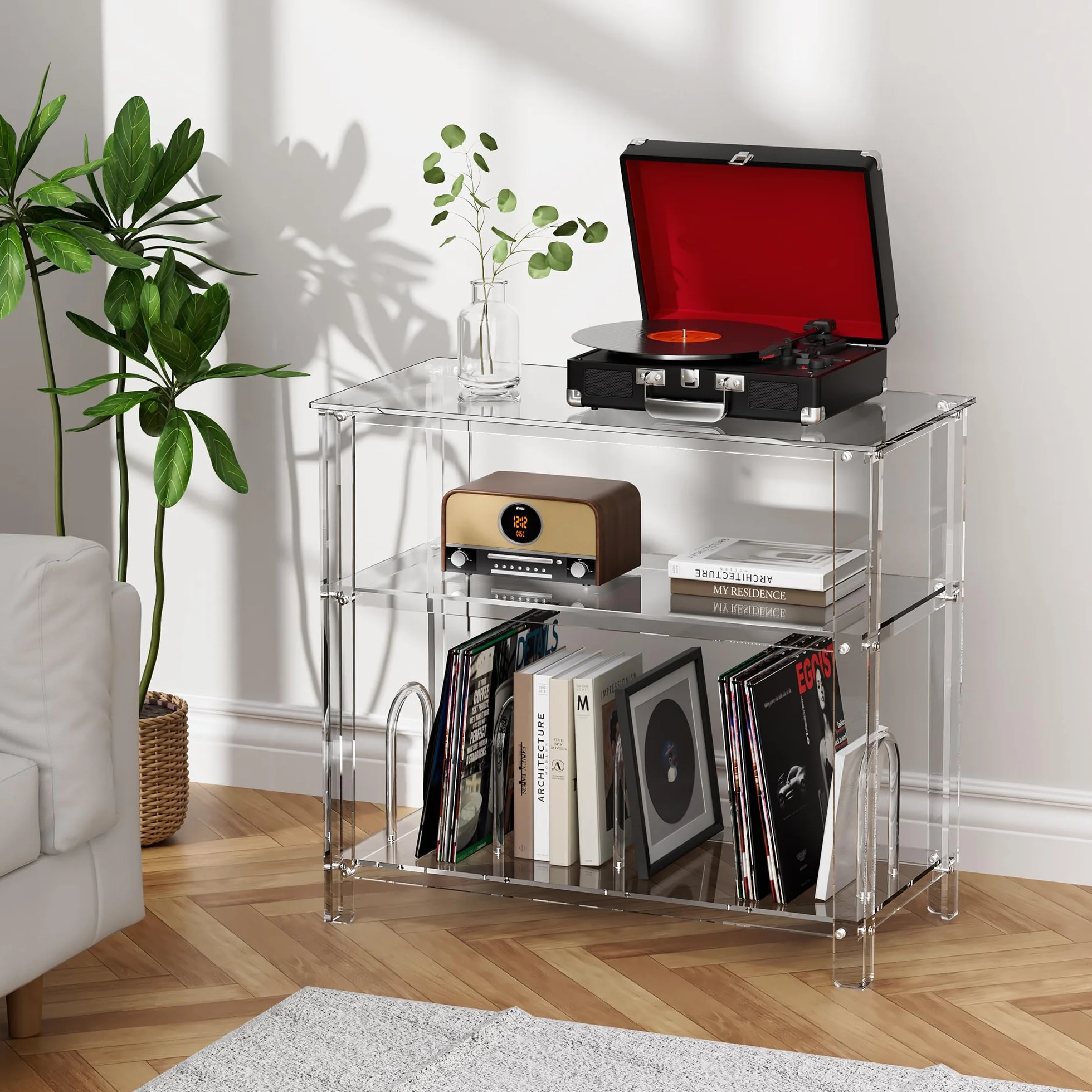 Mueble Tocadiscos, Acrilico Metacrilato, Soporte para Tocadiscos y Vinilo, Transparente, 80 x 40 x 74 cm