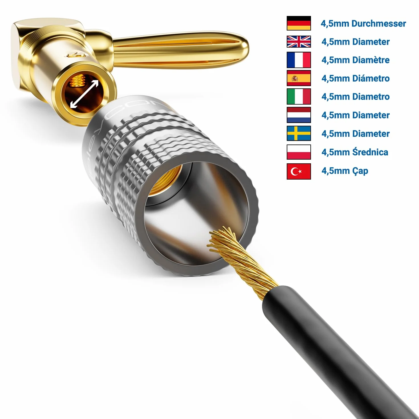 deleyCON 10 Piezas Conectores Tipo Banana 90° Acodado Dorado Enroscable para Cable de Altavoz 0,75-4,5 mm