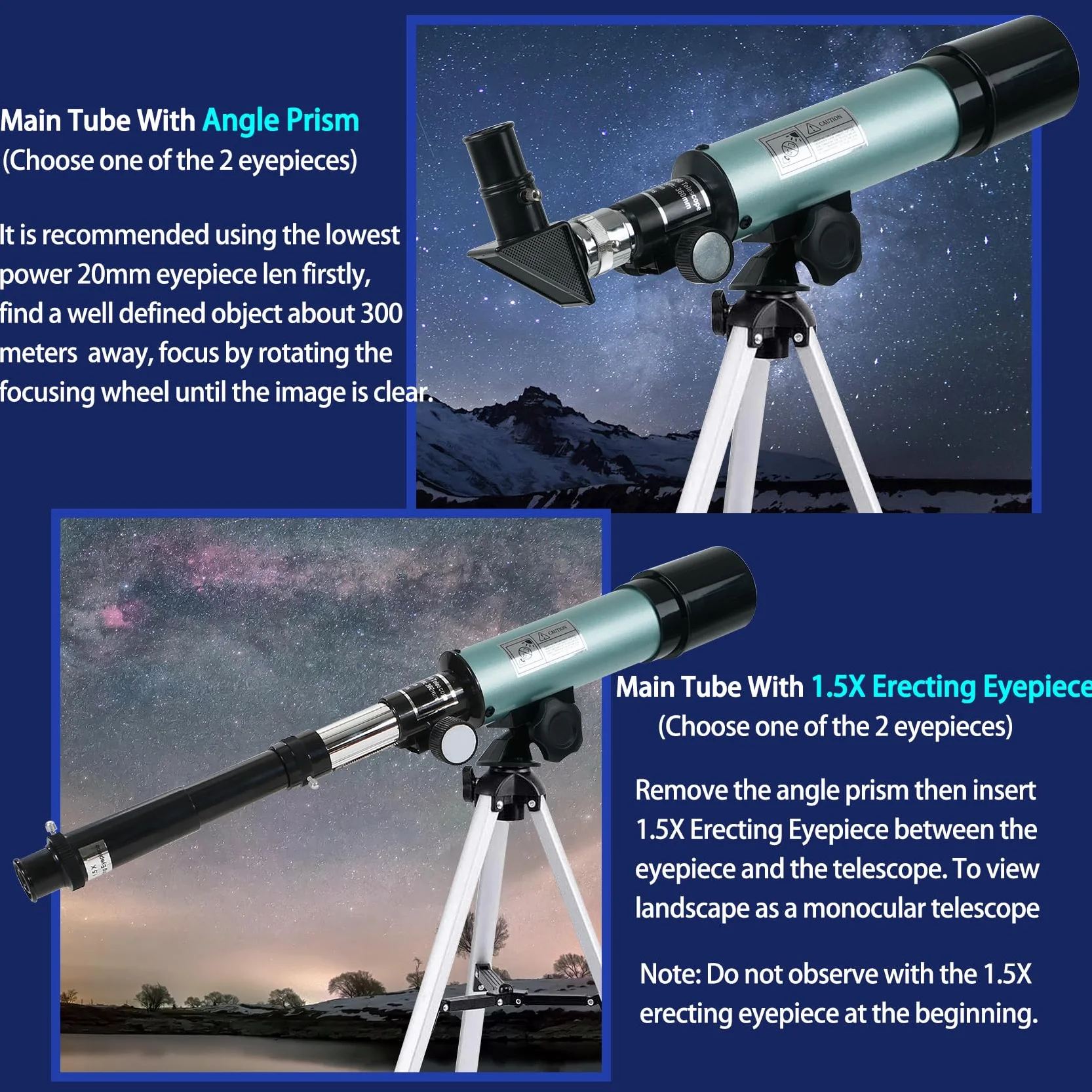 Telescopio Astronómico 360/50mm 90X Refractor con Trípode para Niños Adultos Observar Luna Aves