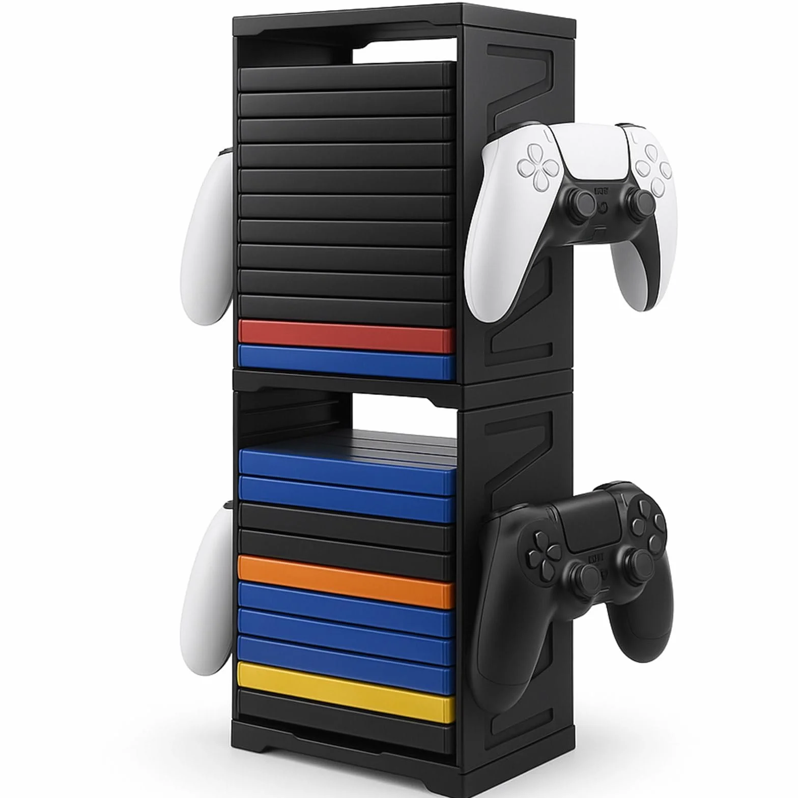 Soporte de torre de almacenamiento de juegos para PS5, PS4, Xbox Series X/S, Xbox One, Switch y discos Blu-Ray, organizador de 24 discos con controlador y ganchos para auriculares, ahorro de