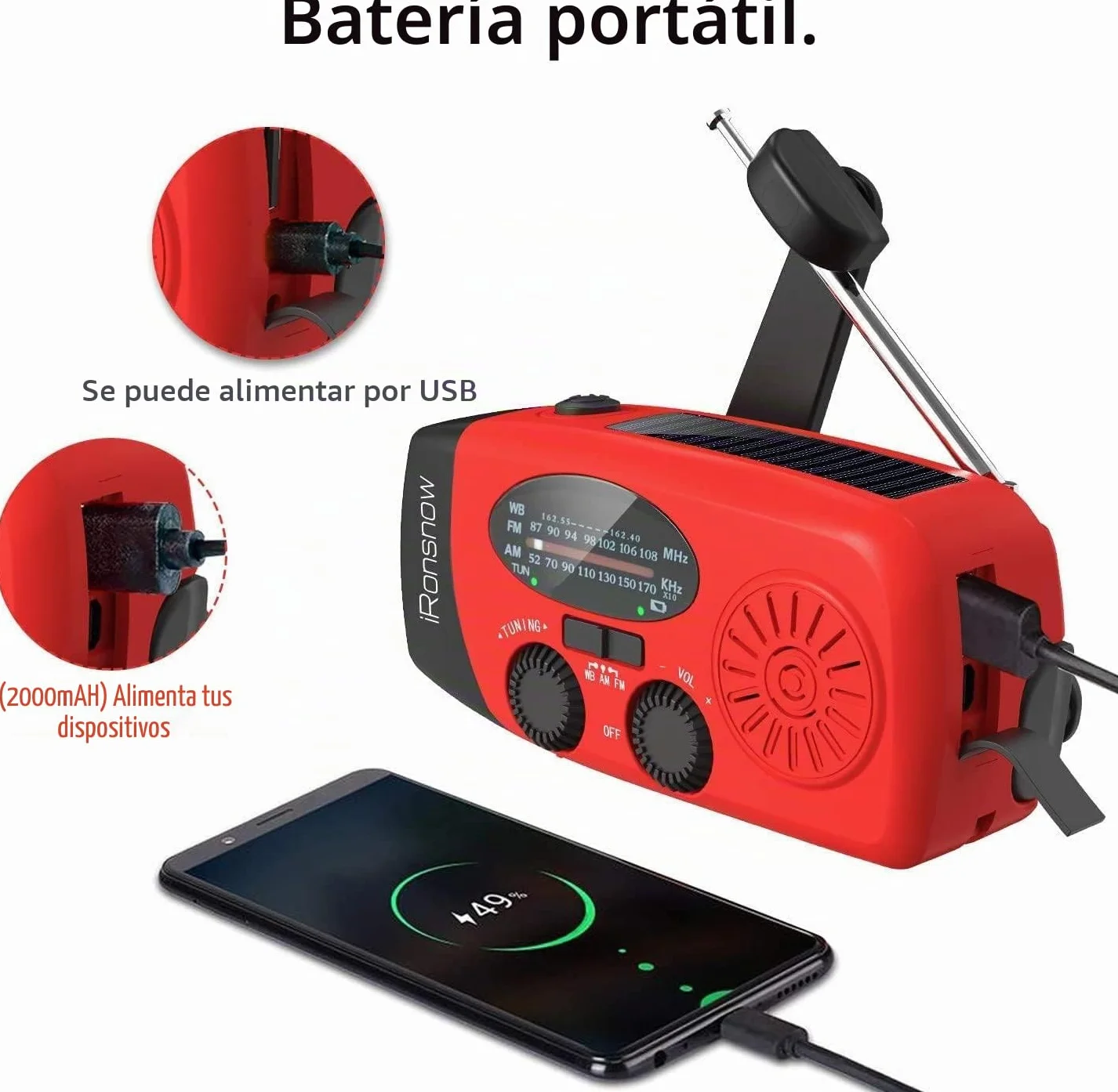 iRonsnow Radio de Emergencia, Radio Solar Portátil FM/Am/WB Manivela de la Mano Radio con 2000mAh Banco de Energía como Power Bank LED Linterna para Actividades Al Aire Libre y Emergencias
