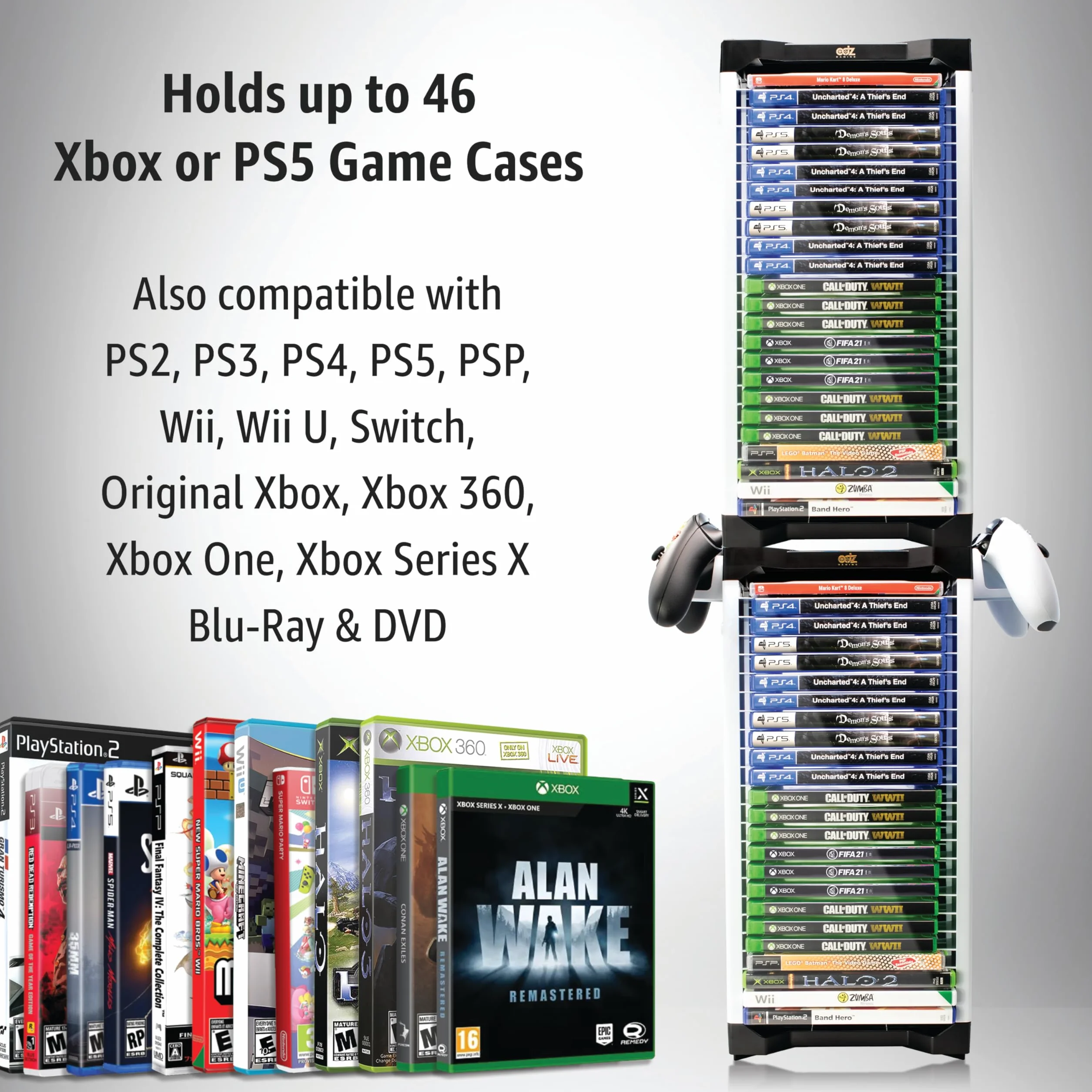 ADZ Soporte universal para juegos – 46 Game Storage Tower Rack for PS2 PS3 PS4 PS5 PSP Xbox 360 Xbox One Series X Wii Switch Games DVD and Blu-Ray Disks Includes 2 controladores Mounts (White)