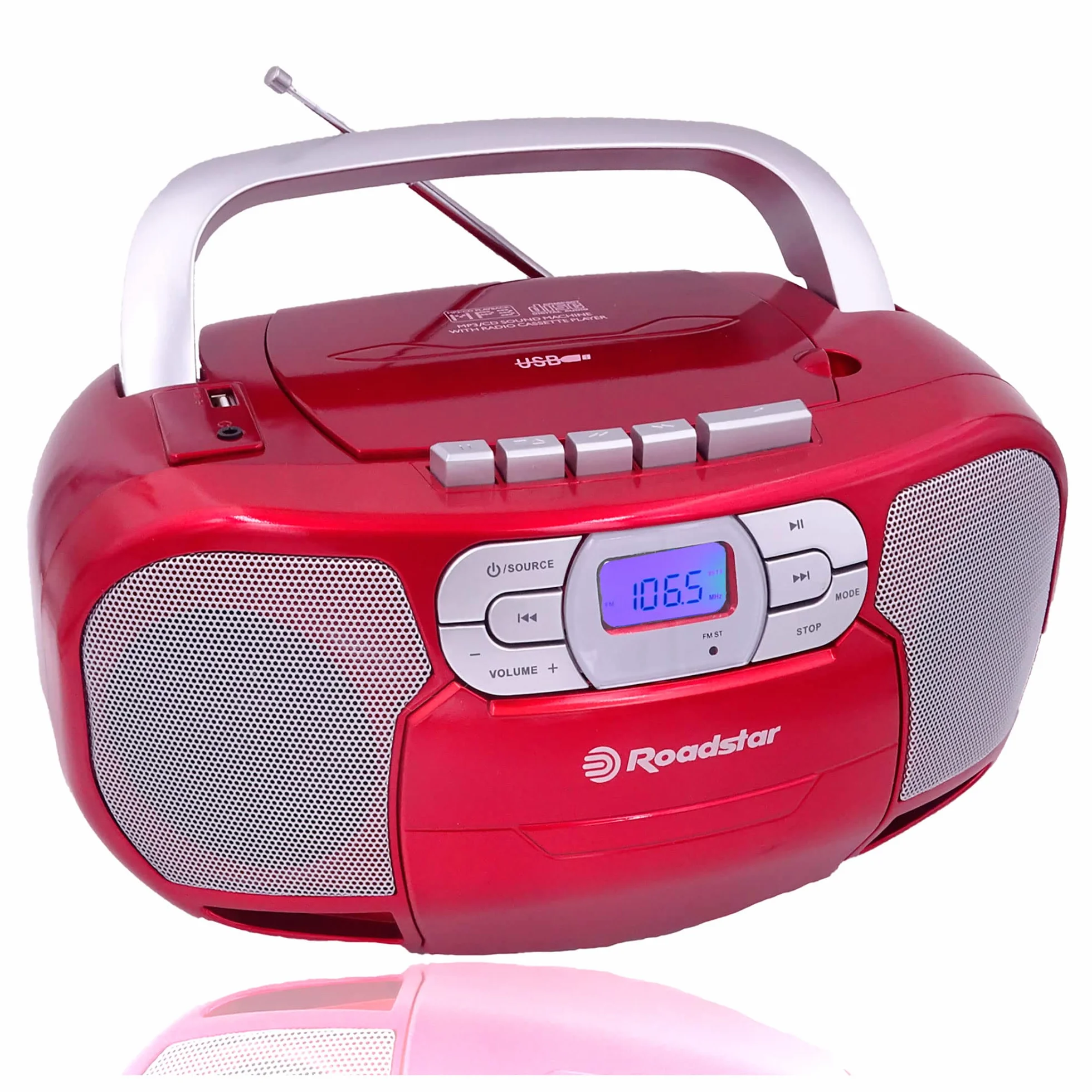 Roadstar RCR-4635UMP/RD Radio CD Portátil Cassette, Radio Digital PLL FM, Boombox Reproductor CD-MP3, USB, AUX-IN, Salida de Auriculares, Rojo