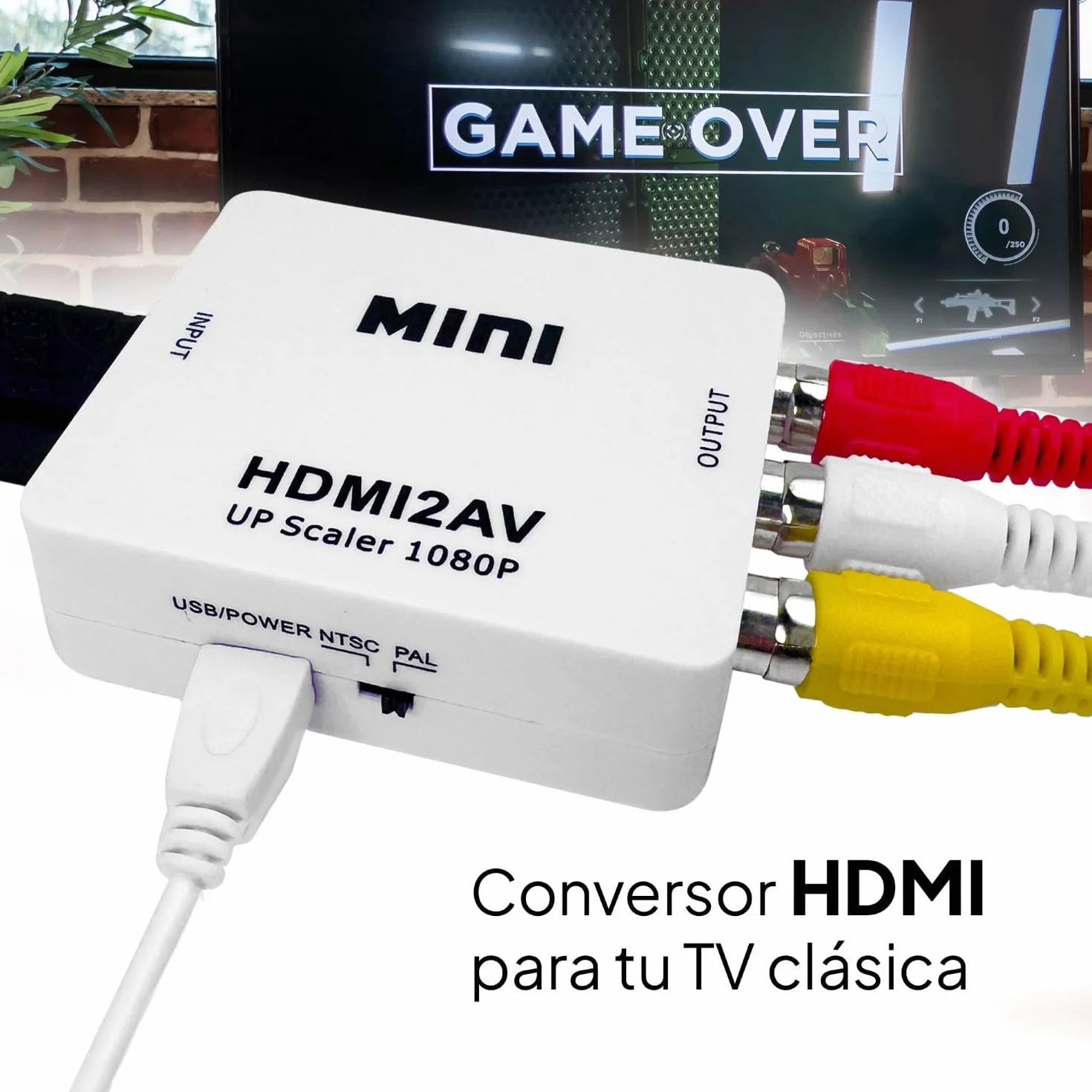 OcioDual Adaptador HDMI a RCA, Adaptador HDMI a AV, Convertidor HDMI a RCA, Conexión Audio Estéreo y Video 1080p PAL/NTSC para PC, TV, PS1, PS2, N64, HDMI2AV, Blanco