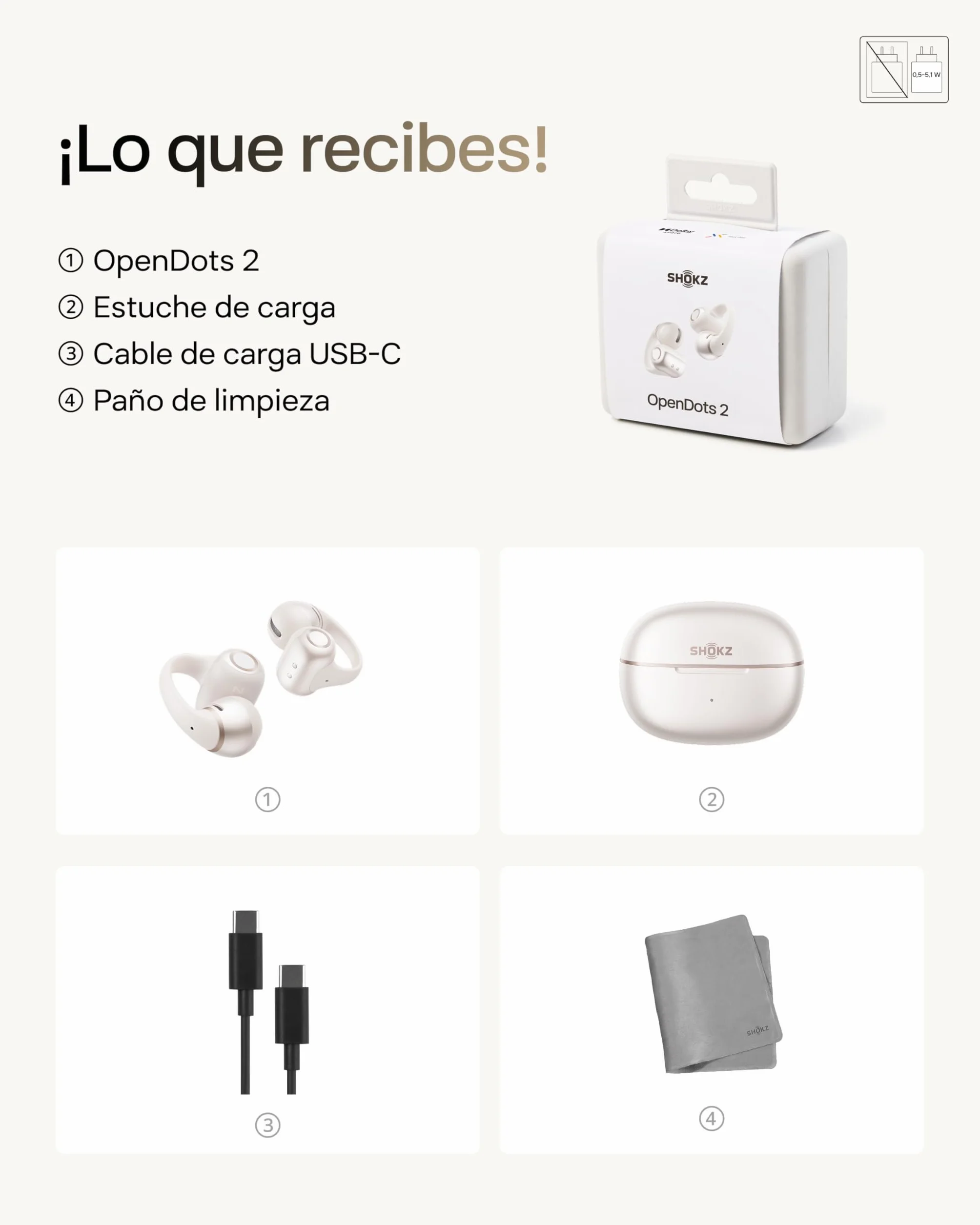 SHOKZ Auriculares Open-Ear Clip-on OpenDots 2, Dolby Audio con Graves Profundos, 40 h de batería, Bluetooth 6.1, Resistencia al Agua IP57, reducción de Ruido con IA, Carga rápida inalámbrica, Blancos
