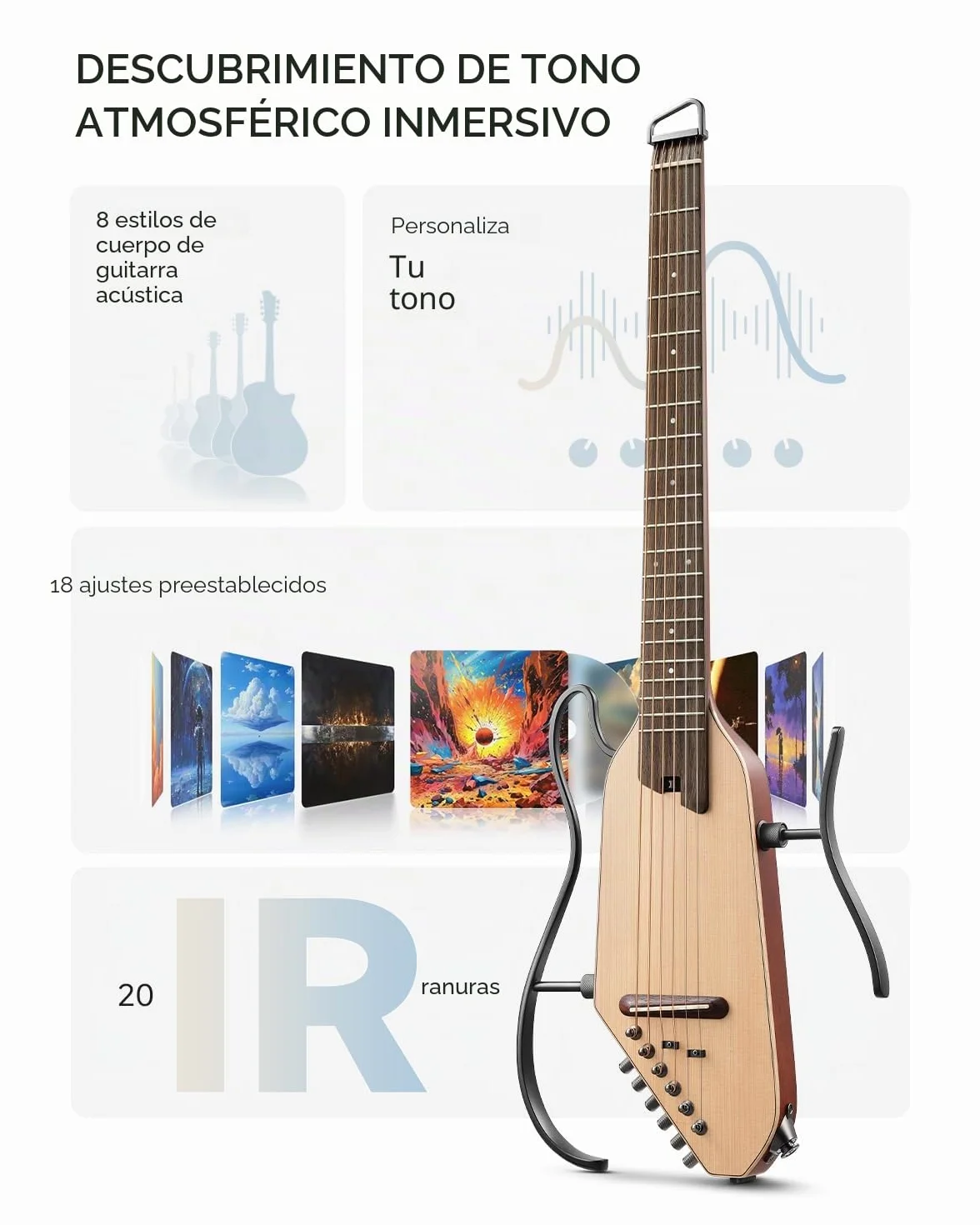 Donner Guitarra eléctrica acústica HUSH I PRO Guitarra de viaje con múltiples modos de efecto, kit de guitarra inteligente de auriculares, bolsa de concierto, correa, cable de carga