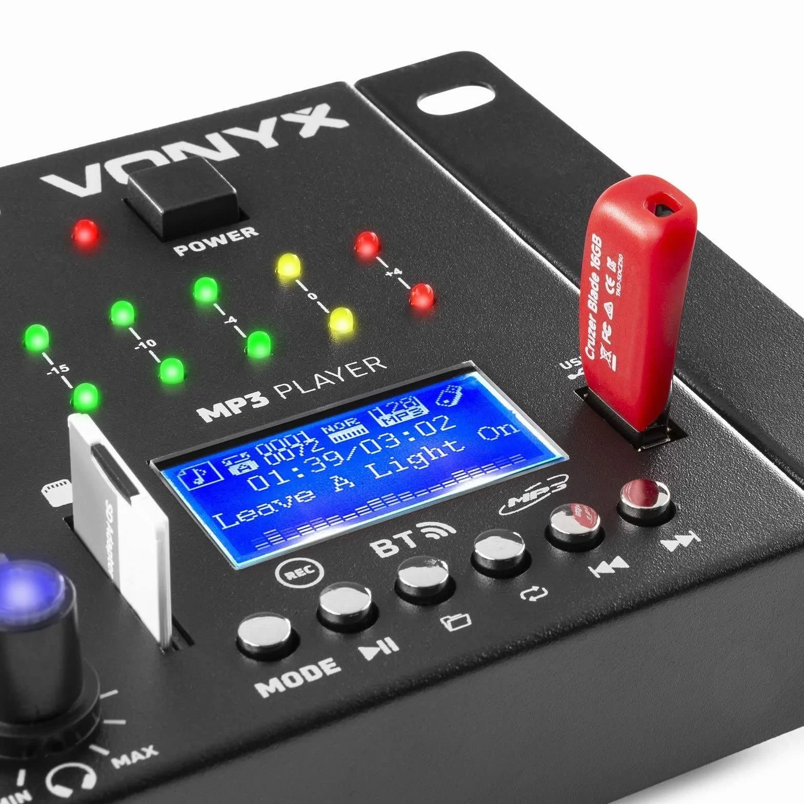 Vonyx STM3030 - Mezclador de 4 canales con reproductor de MP3 USB y tarjetas SD, conexión Bluetooth, funcion grabación en Wav, entrada para 2 micrófonos, talkover, 2 canales linea/phono, función cue