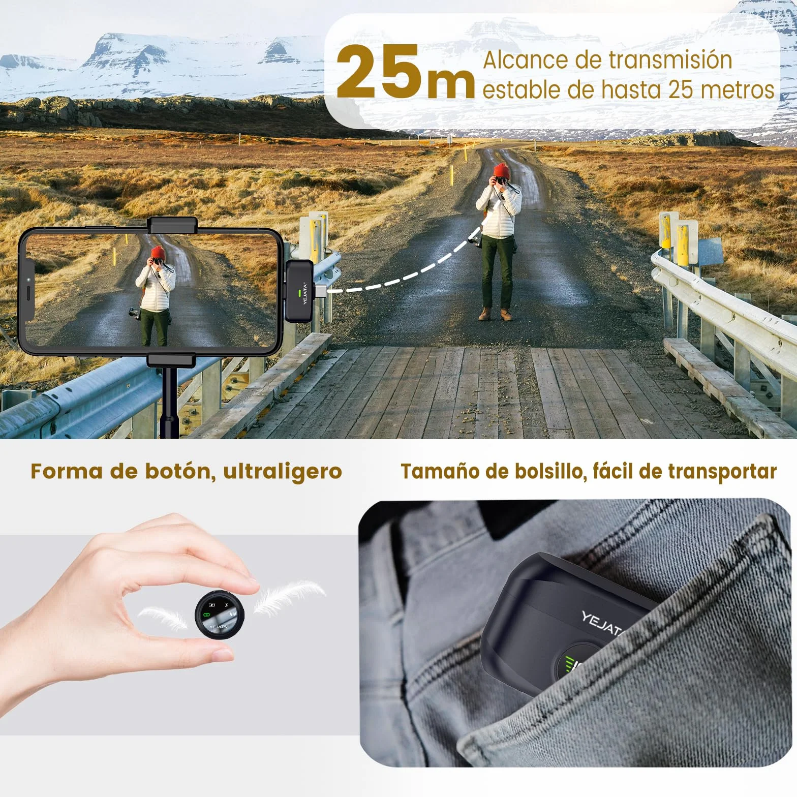 Micrófono inalámbrico 2 en 1 para iPhone y Android, Mini micrófono con reducción de Ruido, Estuche de Carga de 40 Horas, Solapa magnética y Abrazadera para entrevistas, Alcance de 25 Metros.