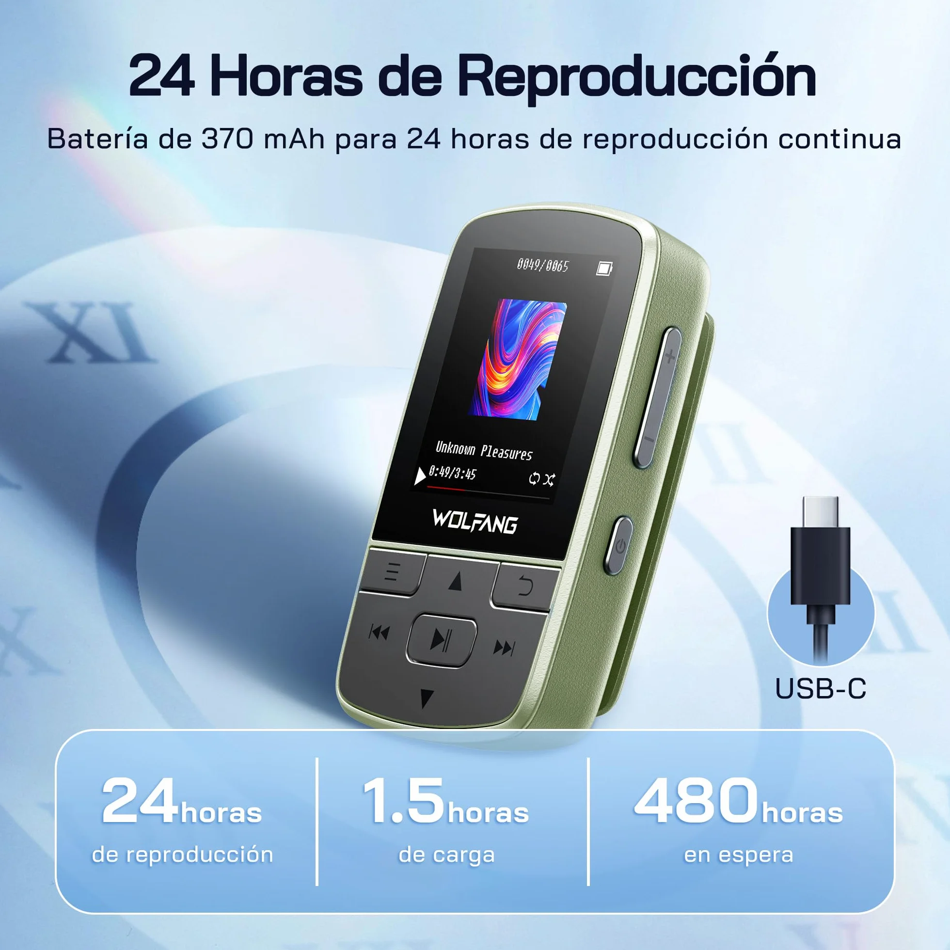 WOLFANG Reproductor MP3 Bluetooth 5.2 Clip Deportivo Mini 1 Onza TF 128 GB Radio FM Grabadora Auriculares Verde Militar