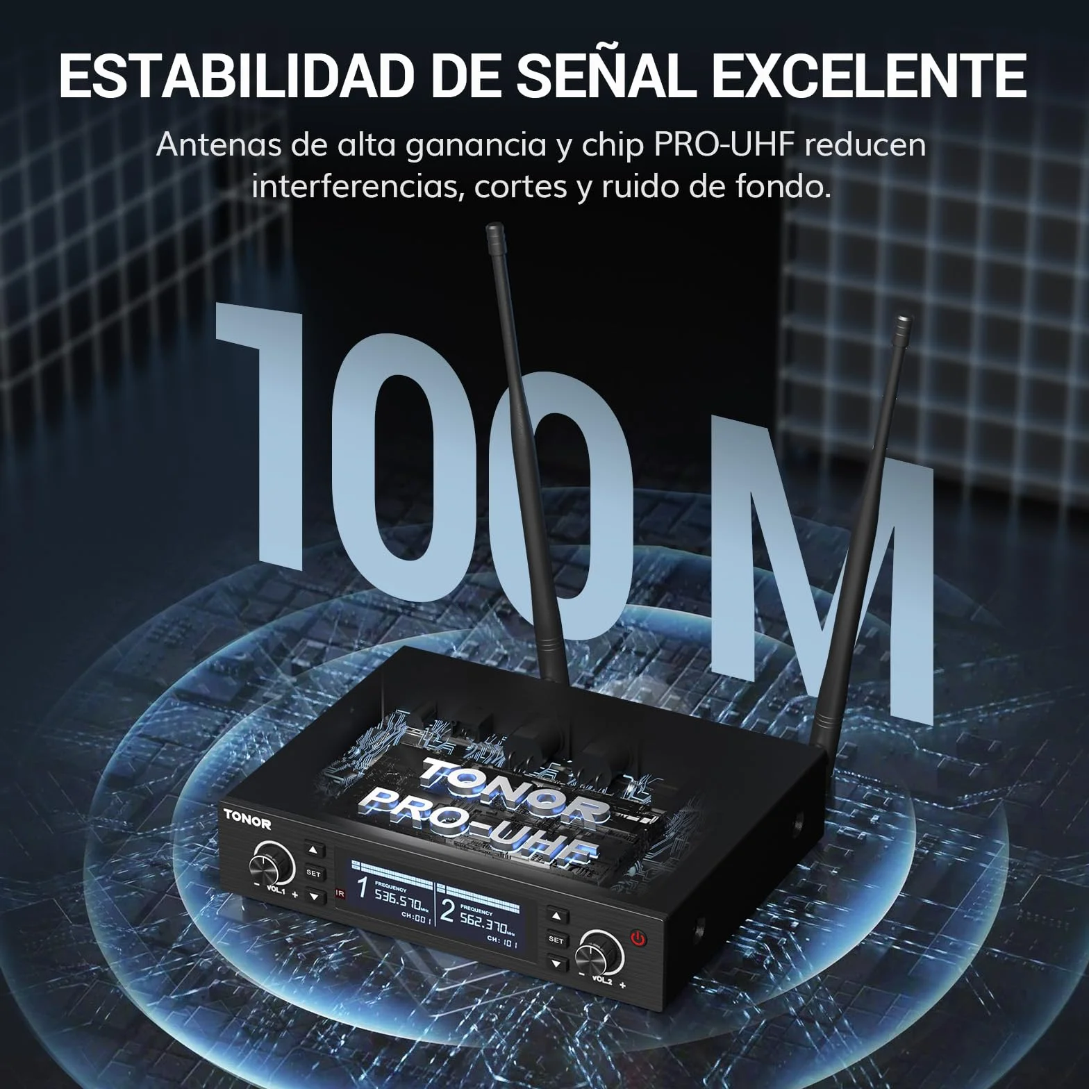 TONOR Micrófono Inalámbrico Profesional, Recargable Wireless Microphone Dinámico de Mano, Sistema de 2×100 Frecuencias UHF Ajustable para Karaoke/Fiestas/DJ/Iglesias, Escaneo Automático, 100M, TW750