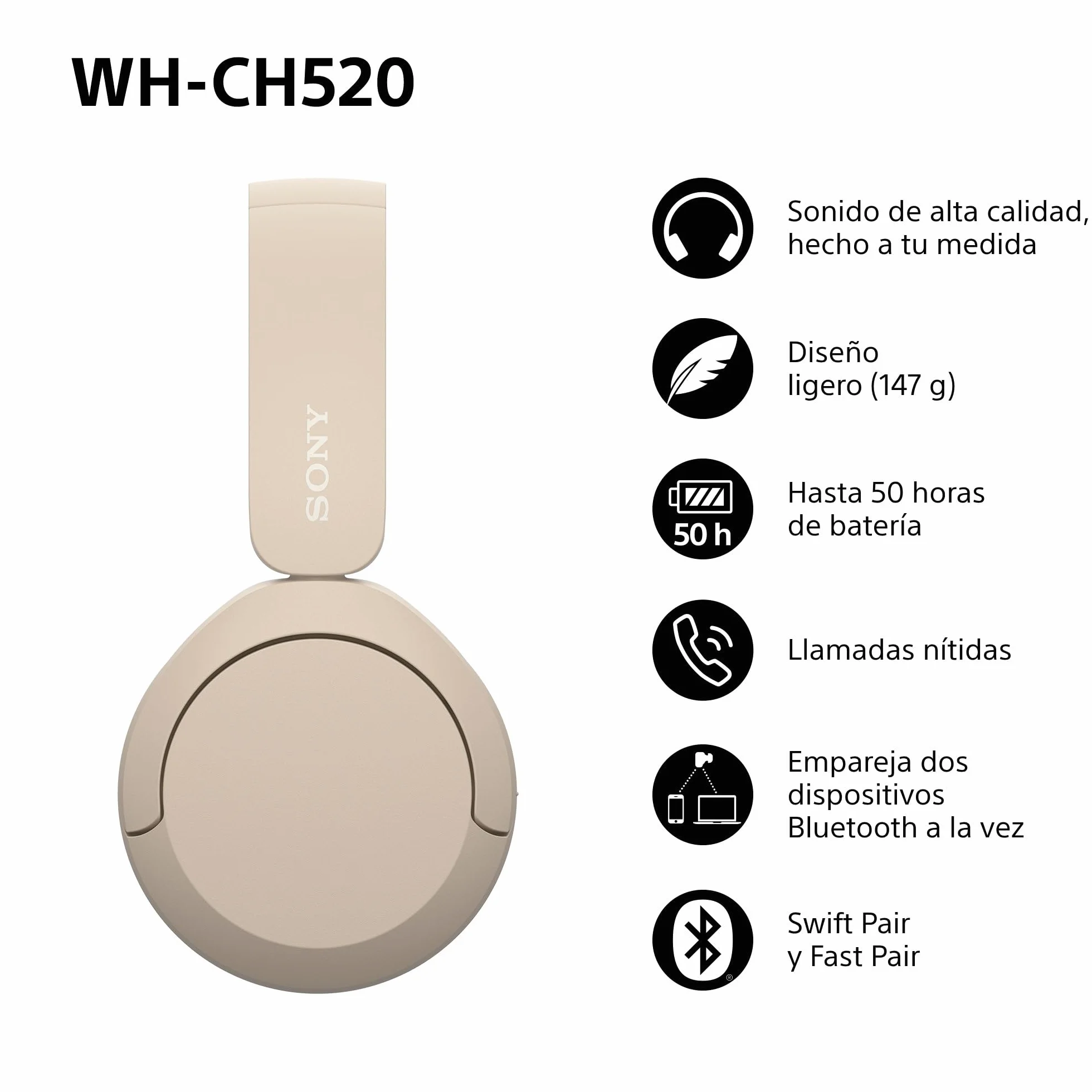 Sony WH-CH520 Auriculares Bluetooth 50 h batería DSEE micrófono integrado Beige