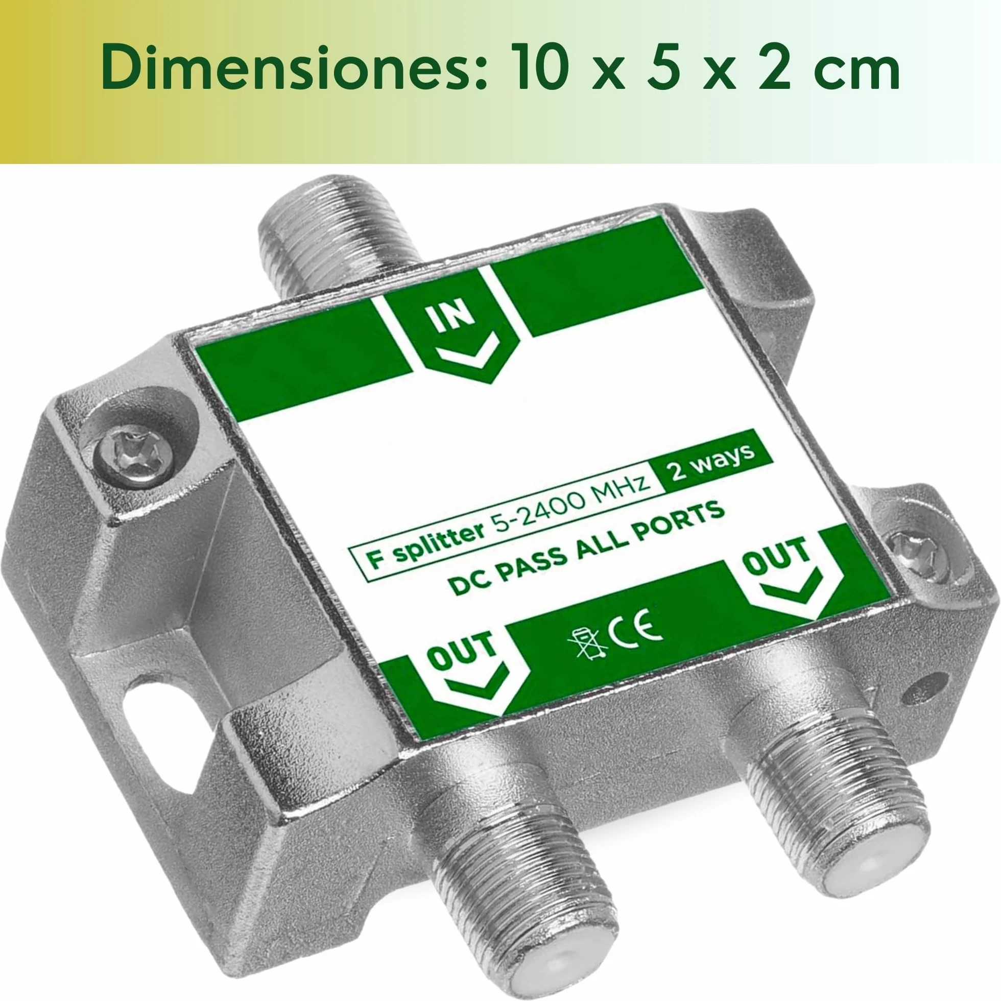 TECHZOCO Repartidor de 2 Salidas, Distribuidor 2 Salidas, Repartidor Serie Class A, 5-2400 MHz, Apto para Bandas de frecuencia Dab, FI, FM, UHF, VHF, Incluye 3 Conectores F, 2 Salidas