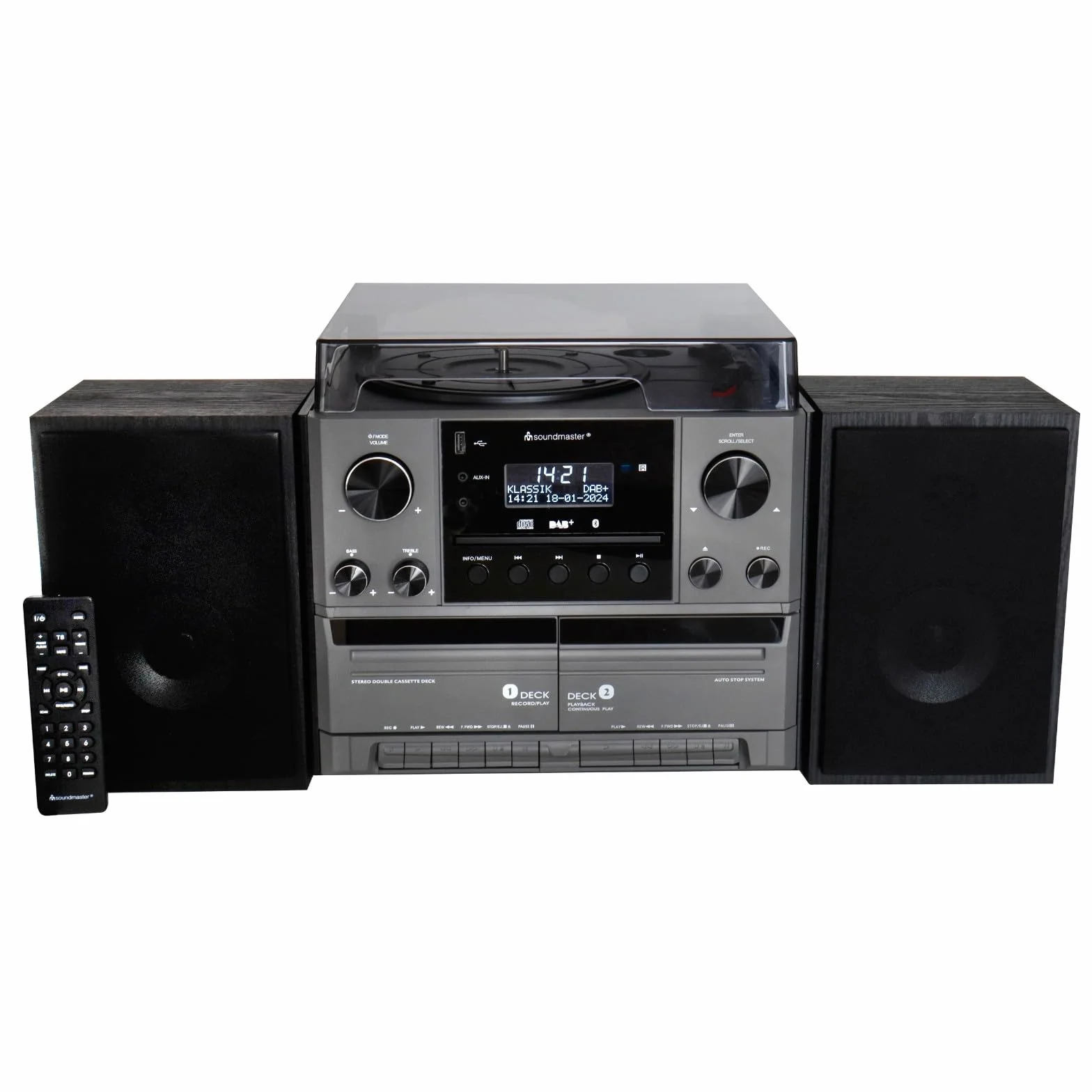 Soundmaster MCD5600SW Sistema estéreo con Tocadiscos, Reproductor de CD con Casete Doble Dab+, codificación USB MP3 Bluetooth, digitalización, conexión de Antena de 75 ohmios