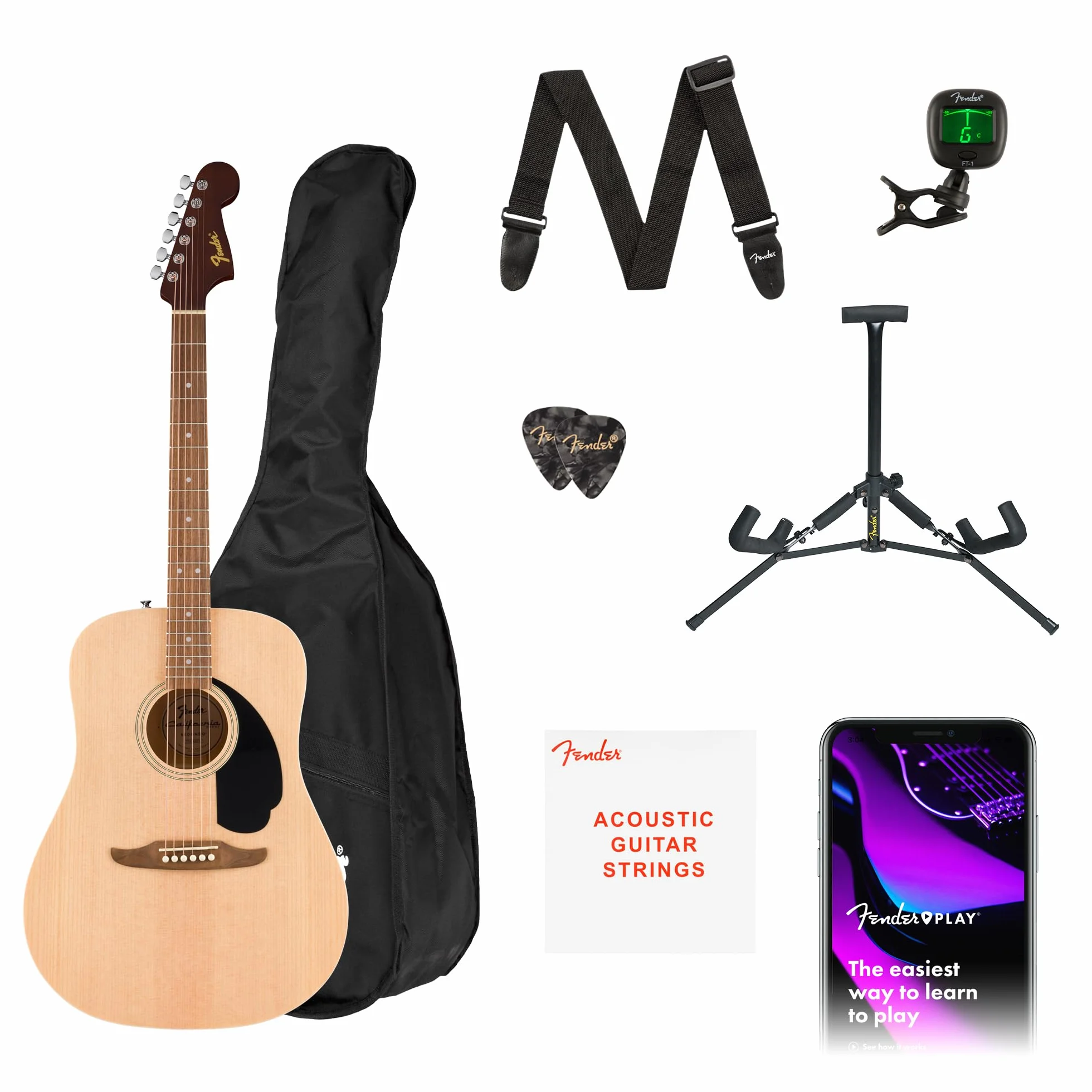 Fender guitarra acústica California Debut Redondo en acabado natural, funda, correa, cable, púas, soporte para guitarra