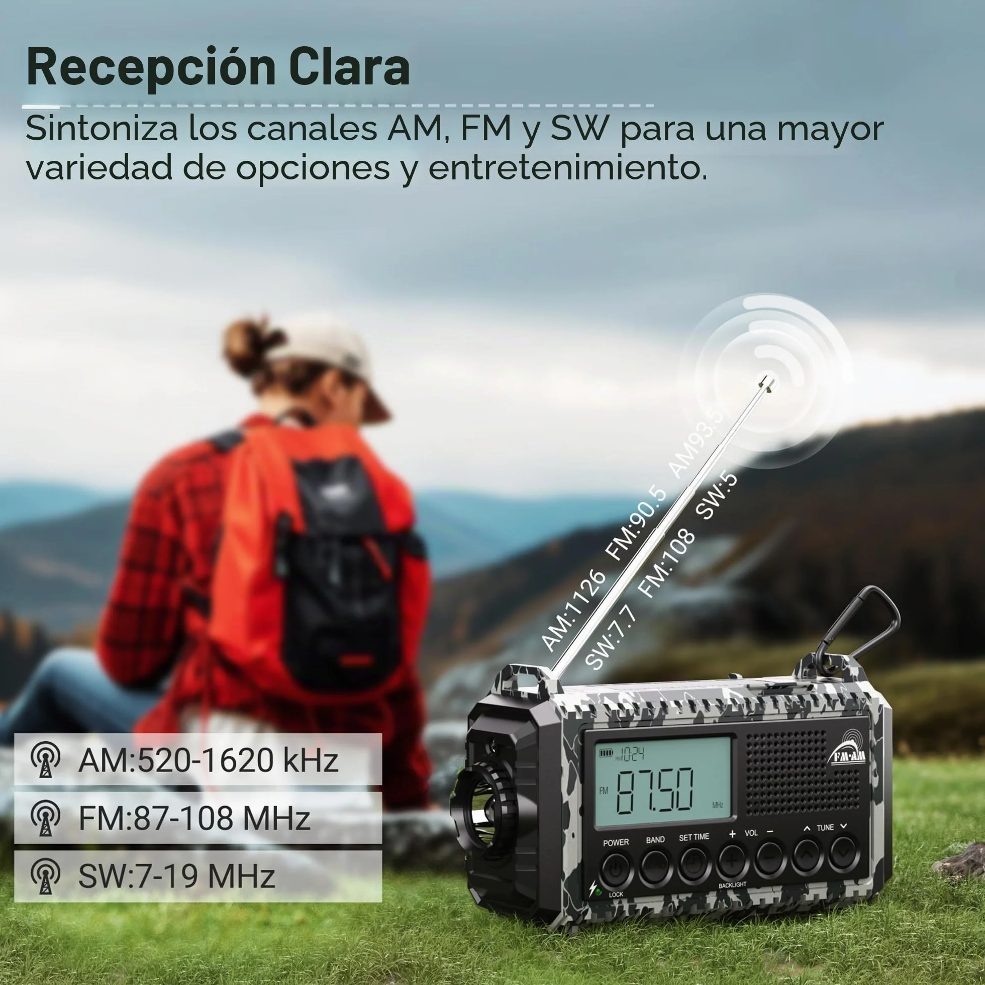 Mesqool Radio de Manivela 12000 mAh Recargable Portátil AM/FM/SW Linterna Lectura Emergencia Tipo C
