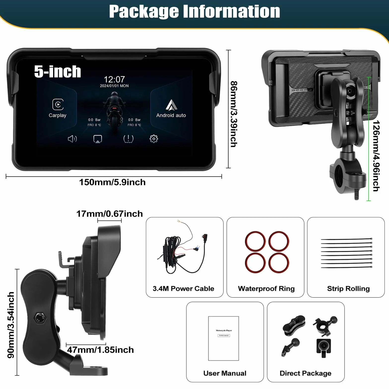 CAMECHO Moto Carplay Pantalla 5 Pulgadas Wireless Carplay Android Auto IP68 Navegación a Prueba de Agua