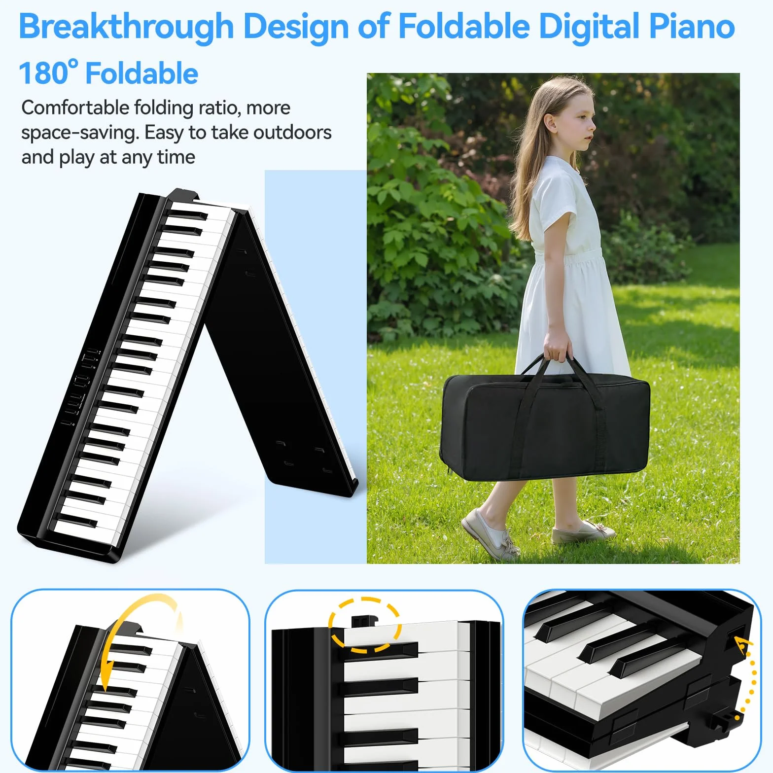 TERENCE Teclado de piano Piano digital portátil de 88 teclas con soporte Z, teclado semipesado para principiantes y expertos, función de grabación de audio integrada, interfaz MIDI Bluetooth.